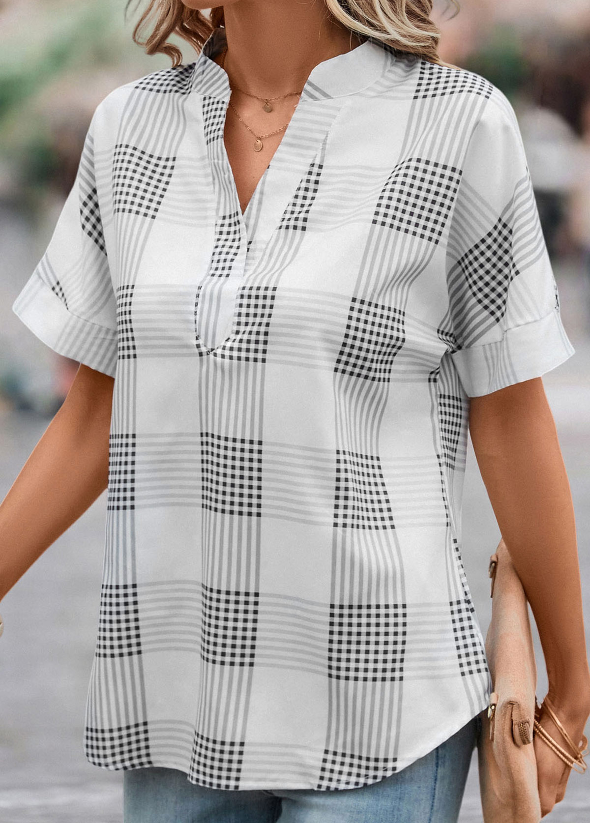 Grey Split Plaid Short Sleeve Blouse | picture 