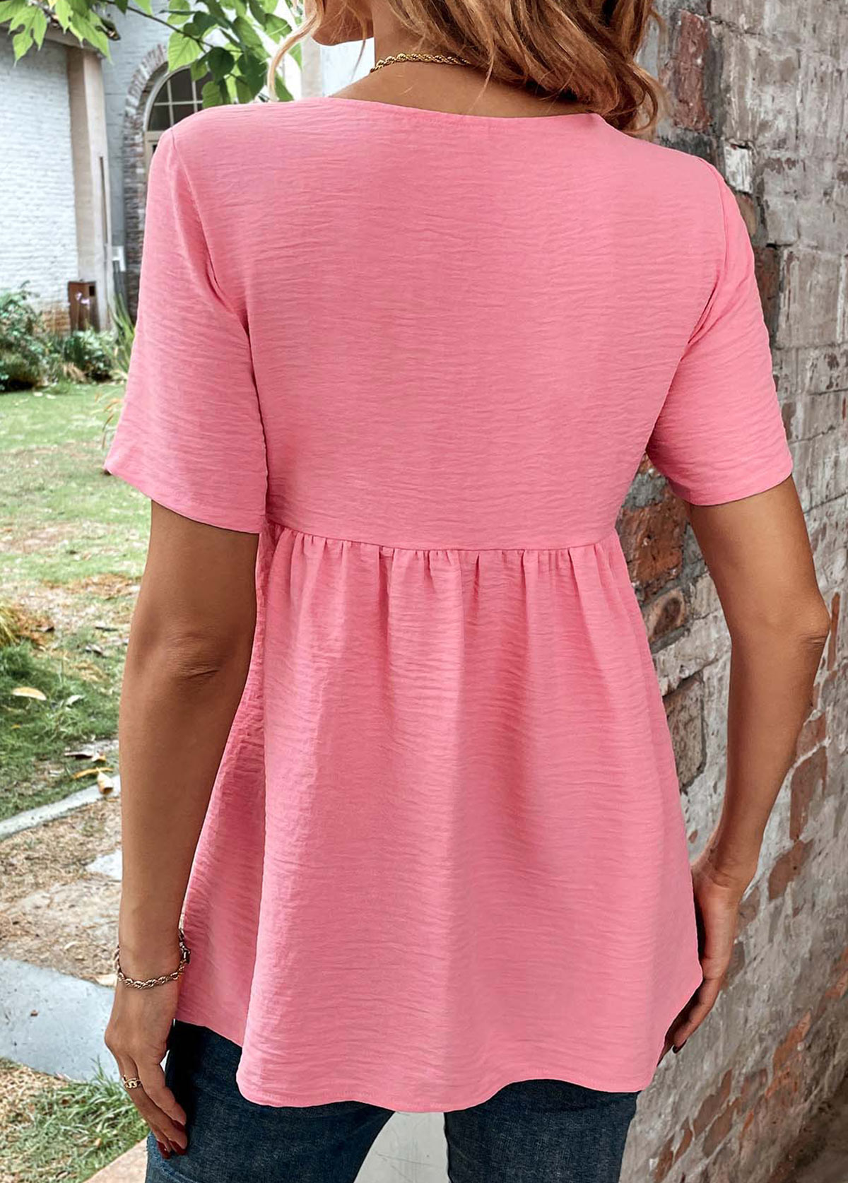 Pink Button Short Sleeve Square Neck Blouse