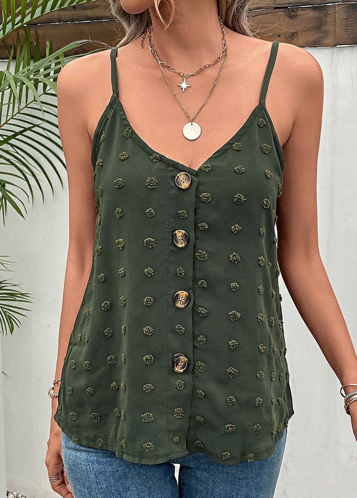 Green Button Strappy V Neck Camisole Top | picture 
