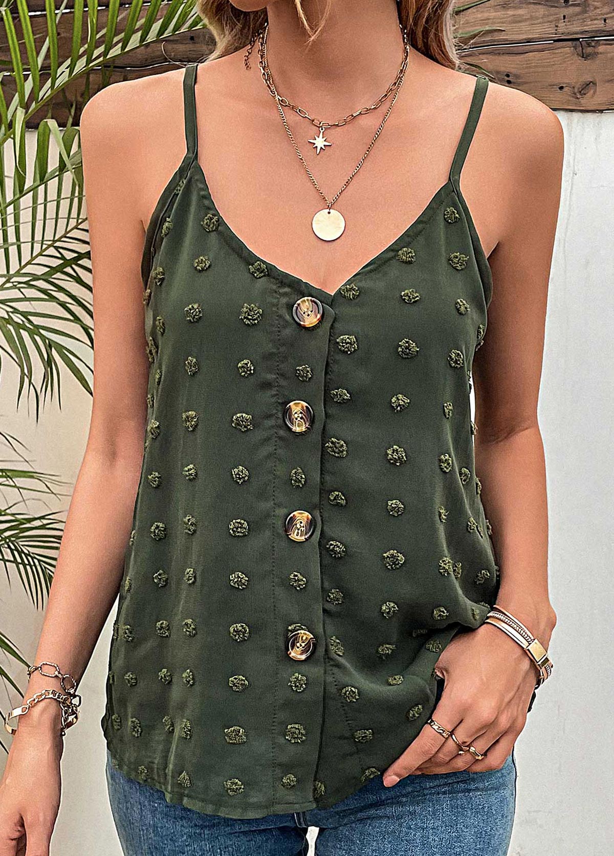 Green Button Strappy V Neck Camisole Top | picture 