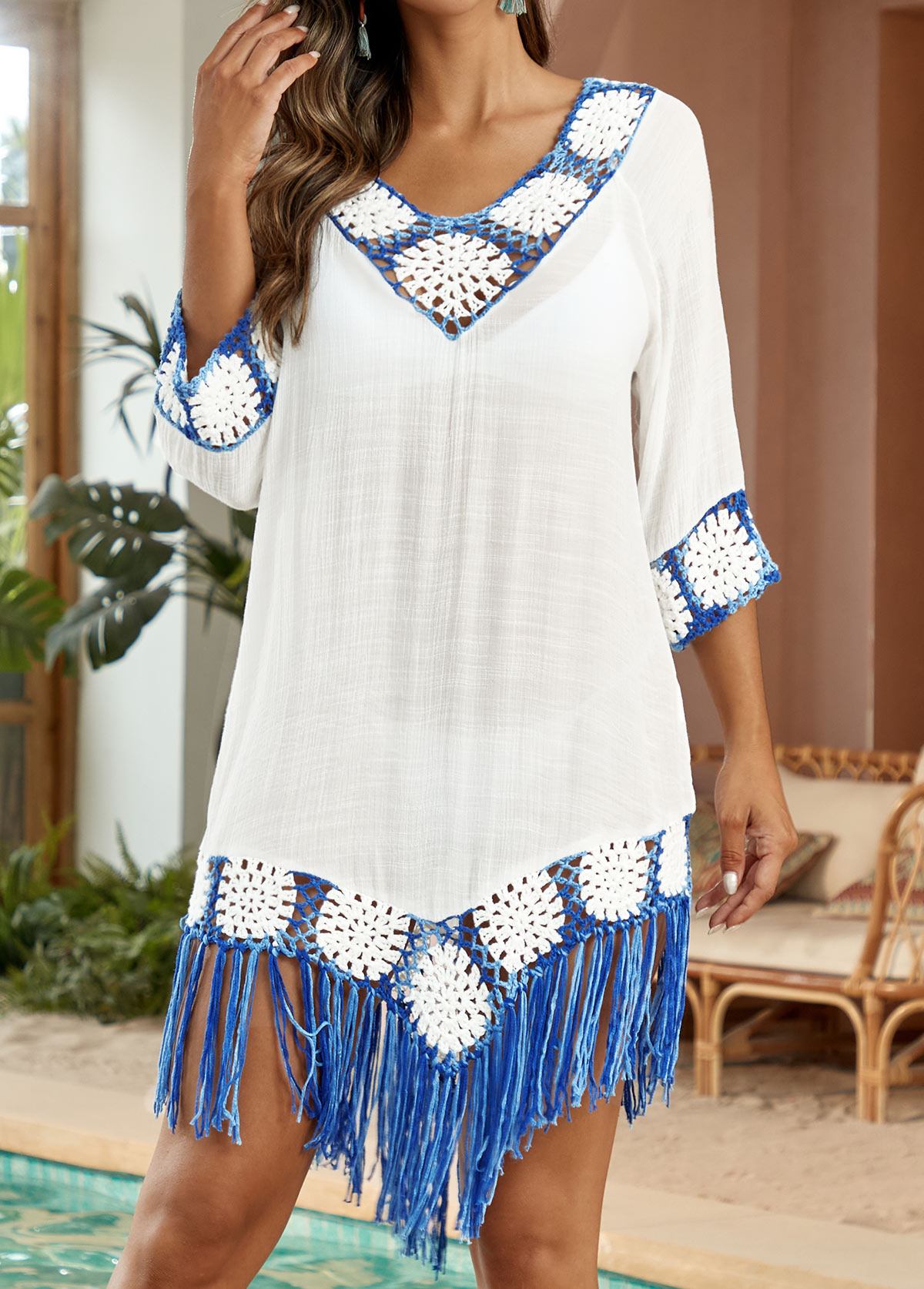 Patchwork Weave Tassel White Cover Up
