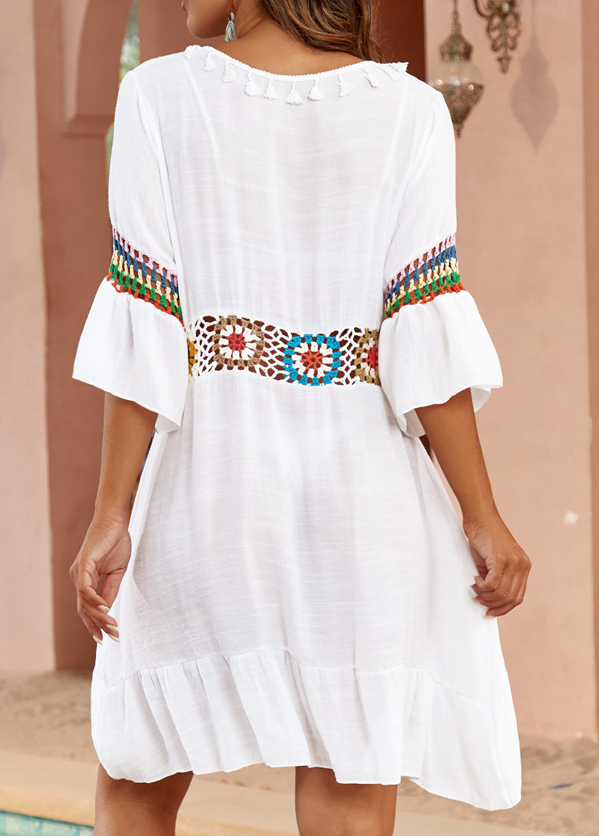 Patchwork Tassel Tie White Cover Up