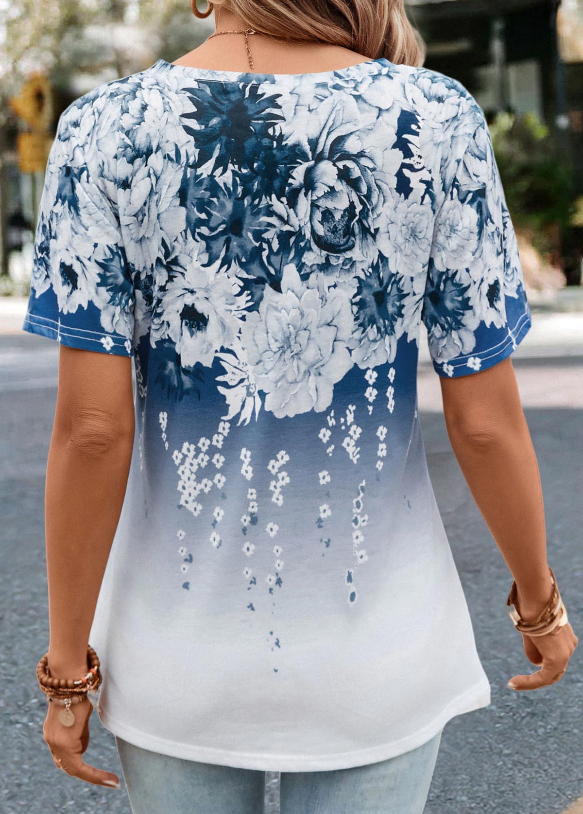 Blue Floral Print Short Sleeve T Shirt