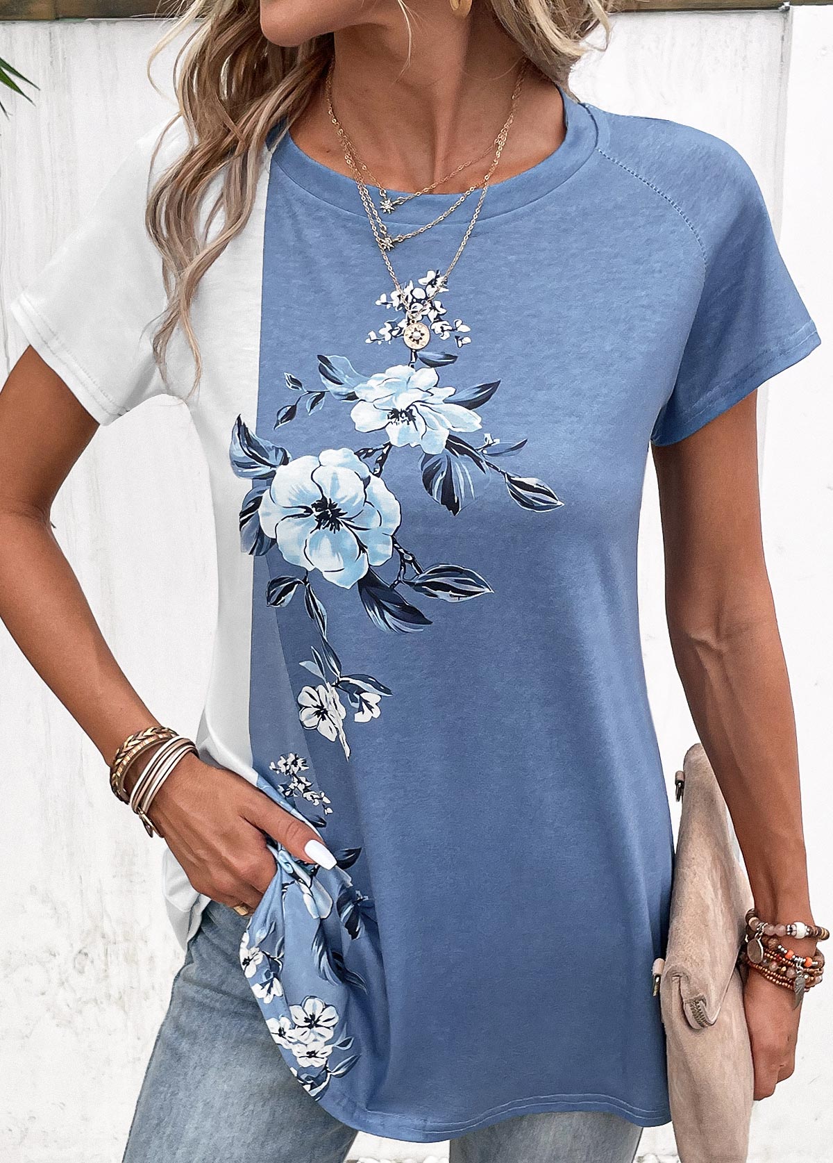 Dusty Blue Patchwork Floral Print T Shirt