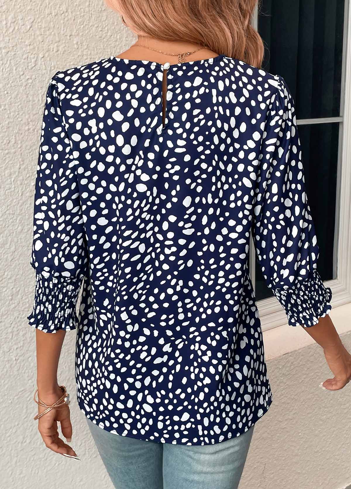 Navy Button Polka Dot Half Sleeve Blouse | picture 