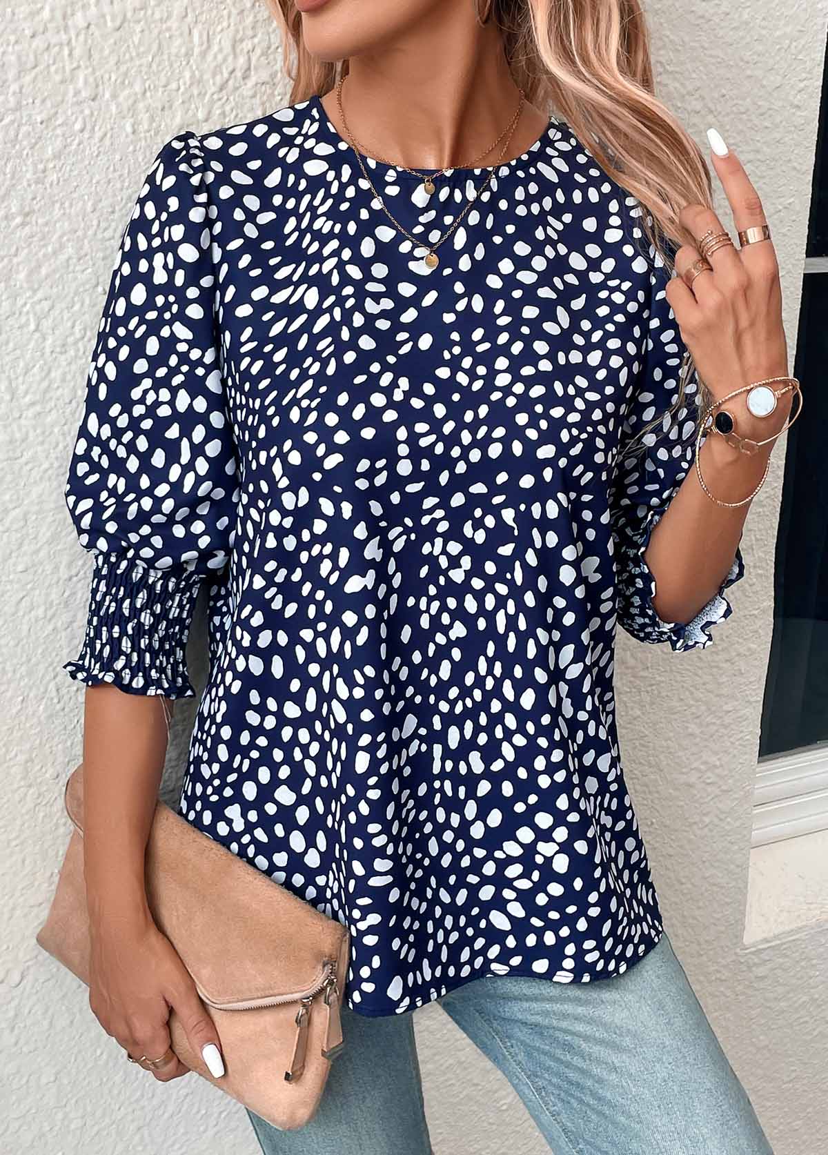 Navy Button Polka Dot Half Sleeve Blouse | picture 
