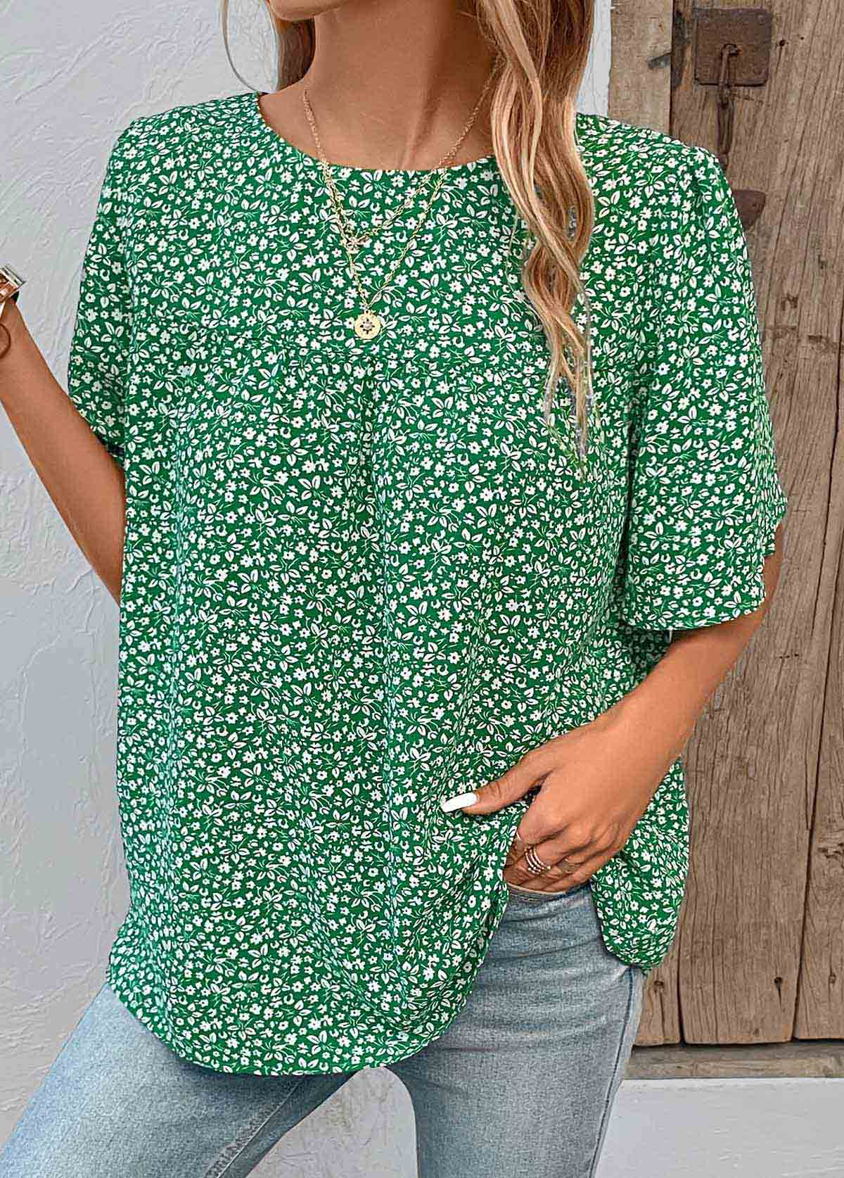 Green Button Ditsy Floral Print Short Sleeve Blouse