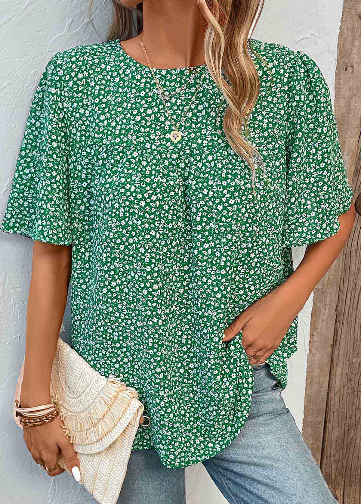 Green Button Ditsy Floral Print Short Sleeve Blouse