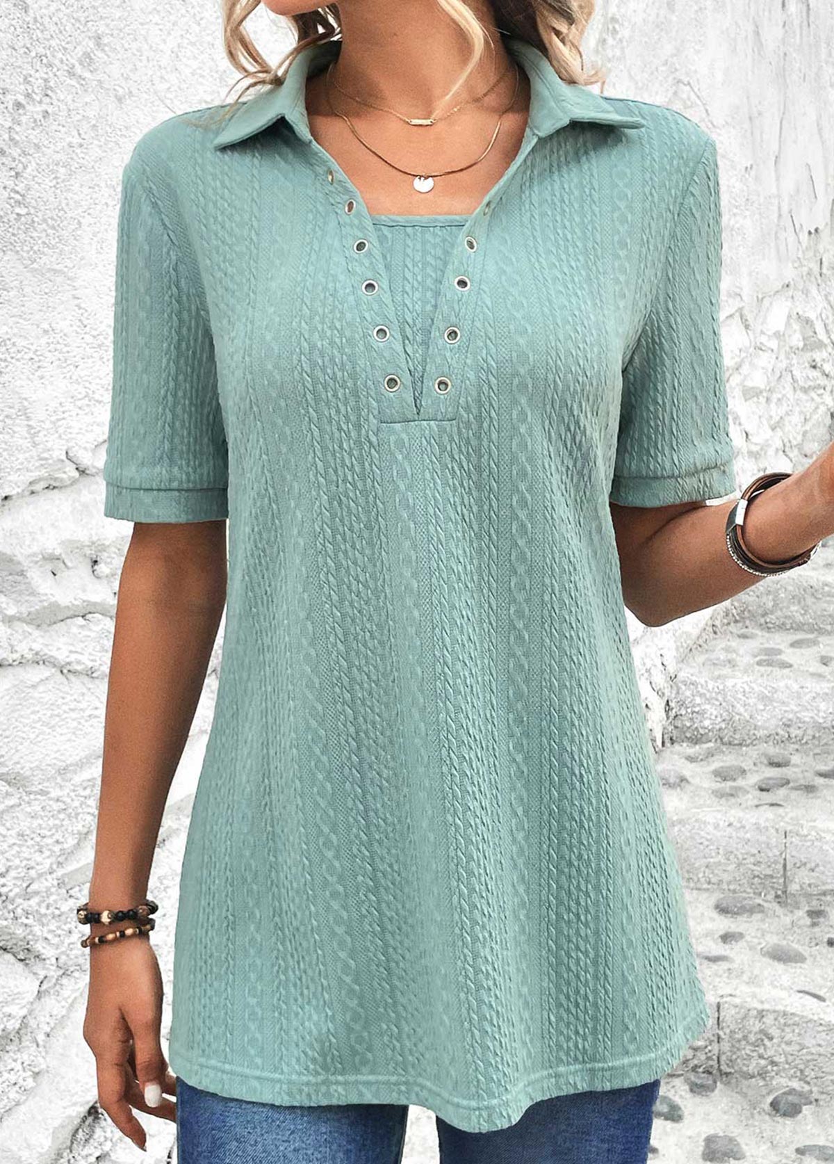 Plus Size Mint Green Eyelet Short Sleeve Blouse | picture 
