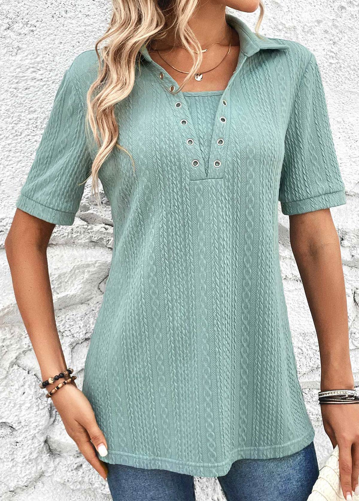 Plus Size Mint Green Eyelet Short Sleeve Blouse | picture 