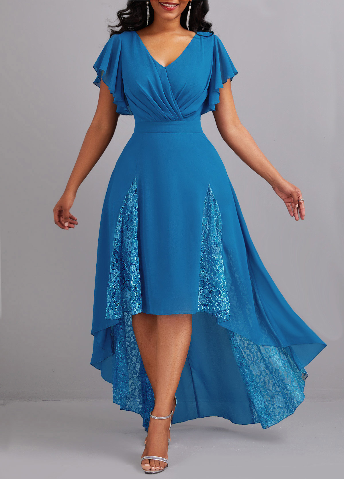 Blue Lace High Low Short Sleeve Dress