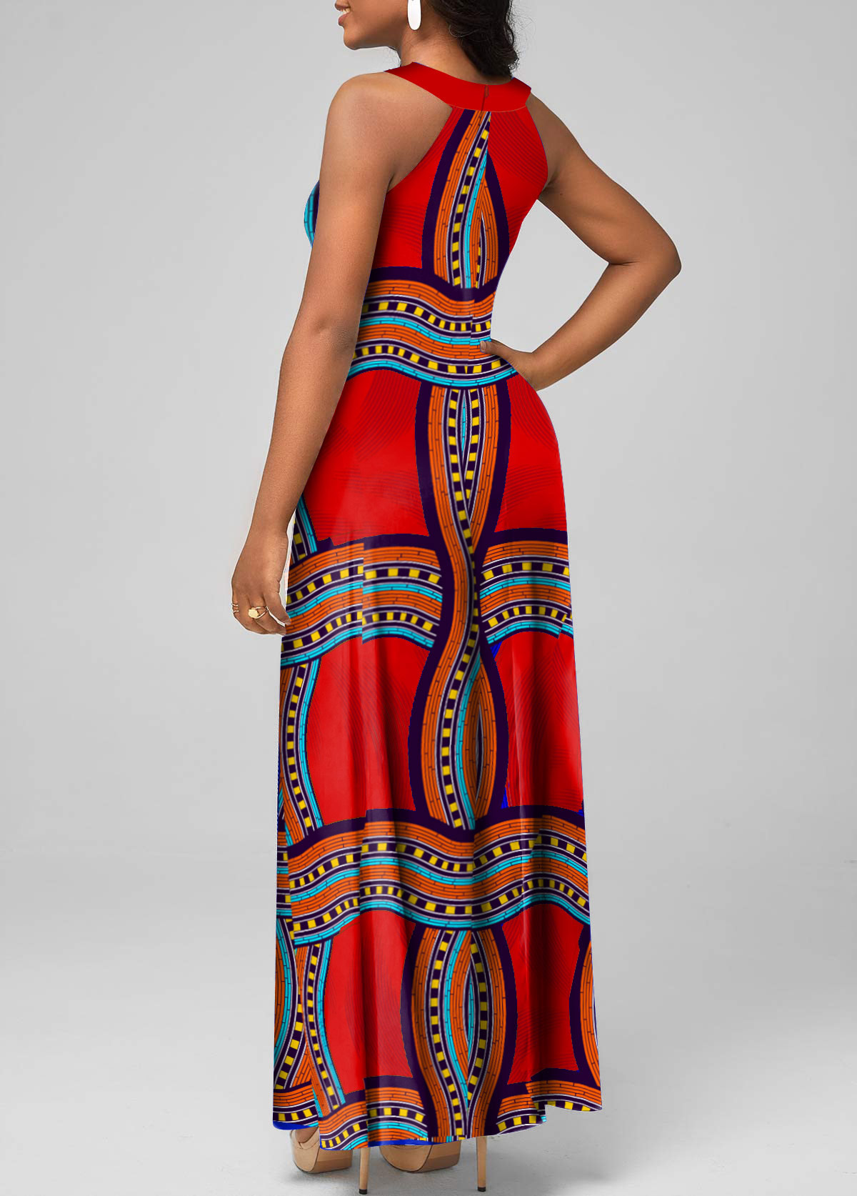 Red Cage Neck Tribal Print Sleeveless Maxi Dress