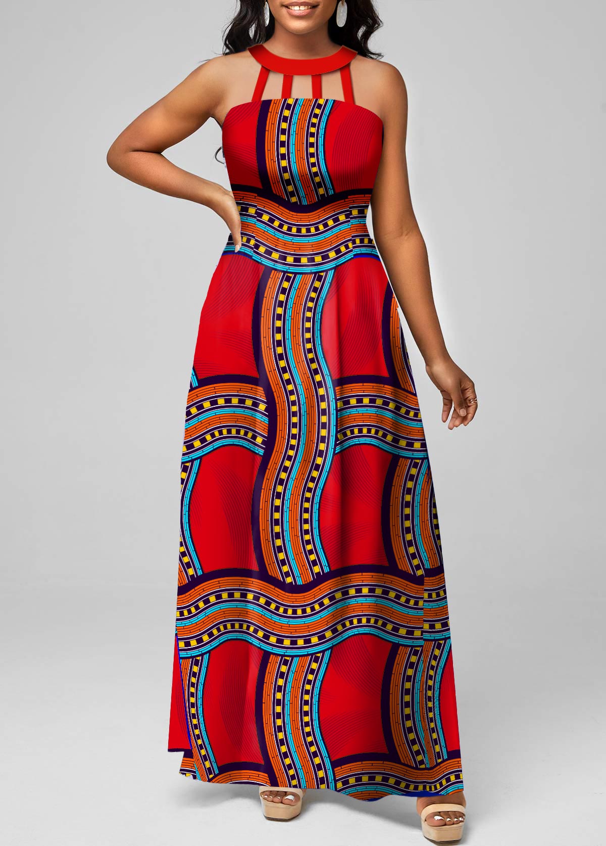 Red Cage Neck Tribal Print Sleeveless Maxi Dress