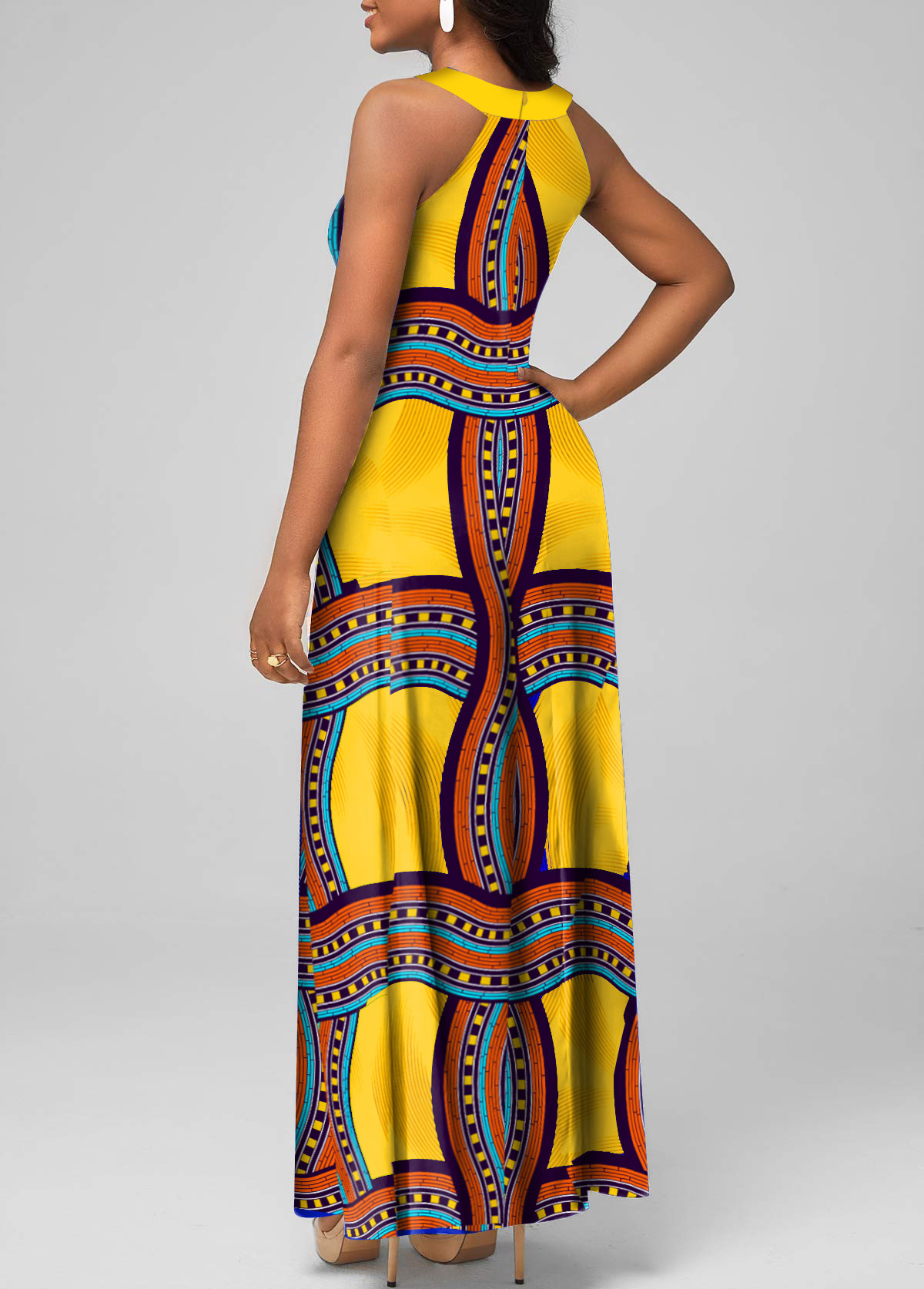 Yellow Cage Neck Tribal Print Sleeveless Maxi Dress
