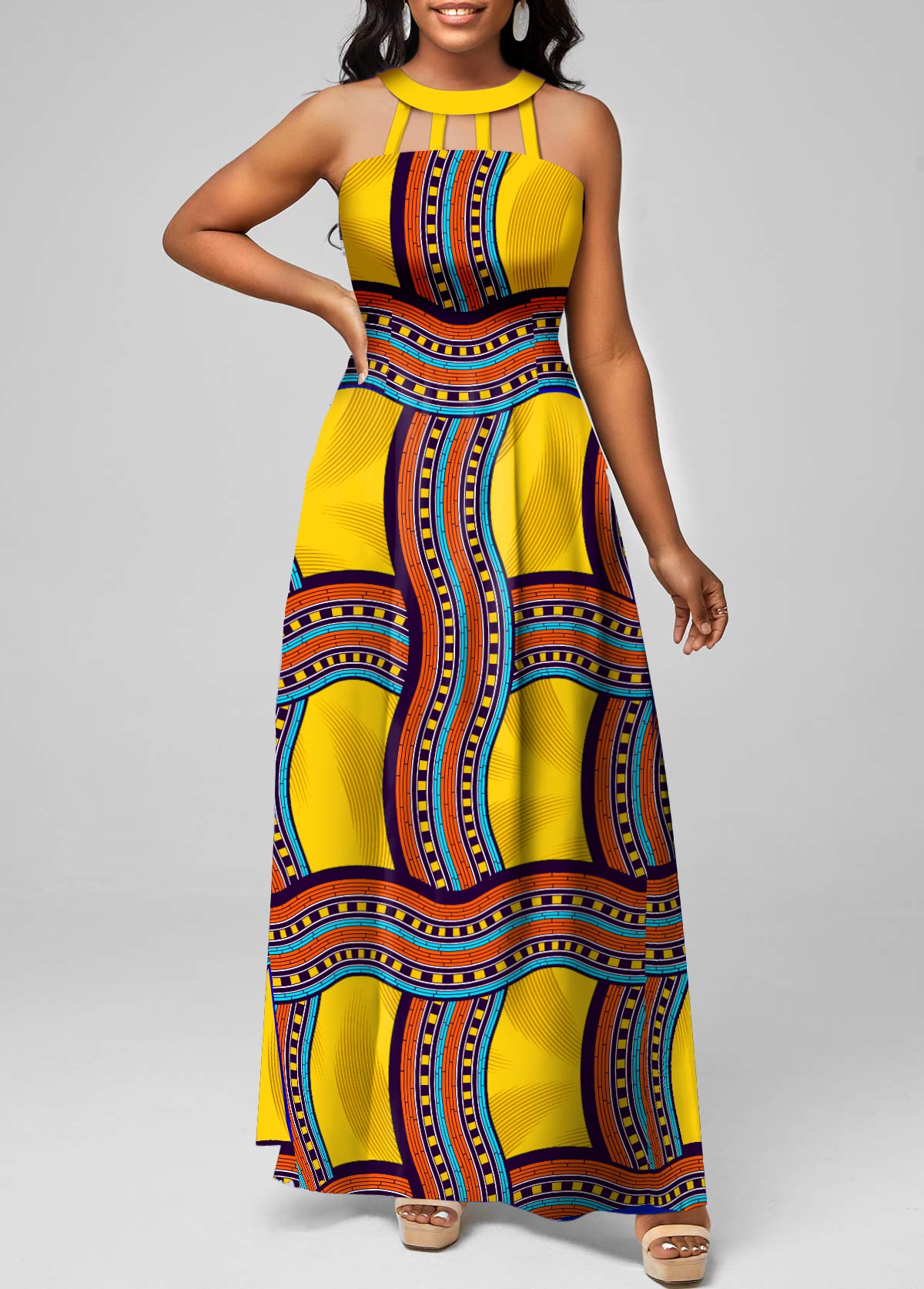 Yellow Cage Neck Tribal Print Sleeveless Maxi Dress