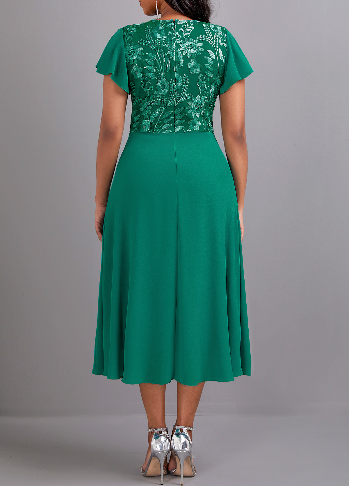 Green Lace Short Sleeve Round Neck Dress