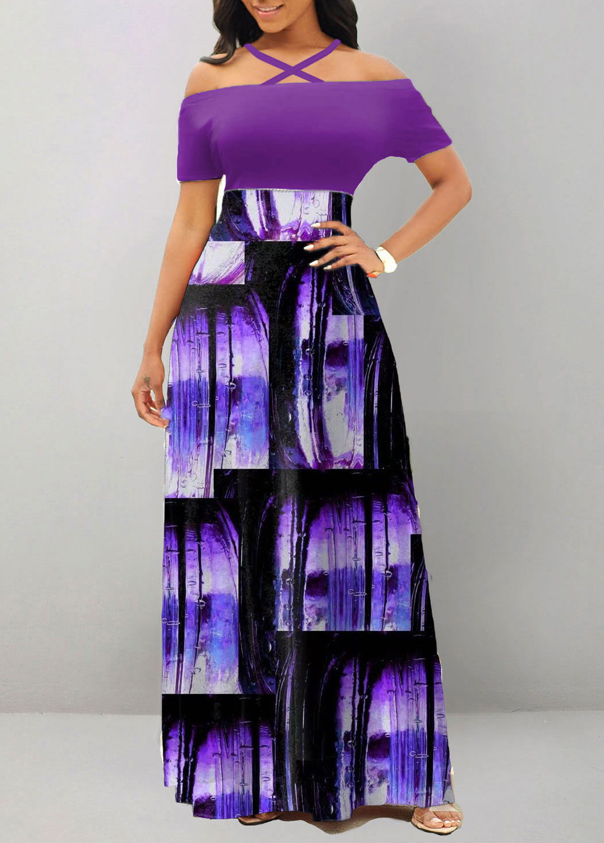 Purple Criss Cross Ombre Short Sleeve Maxi Dress