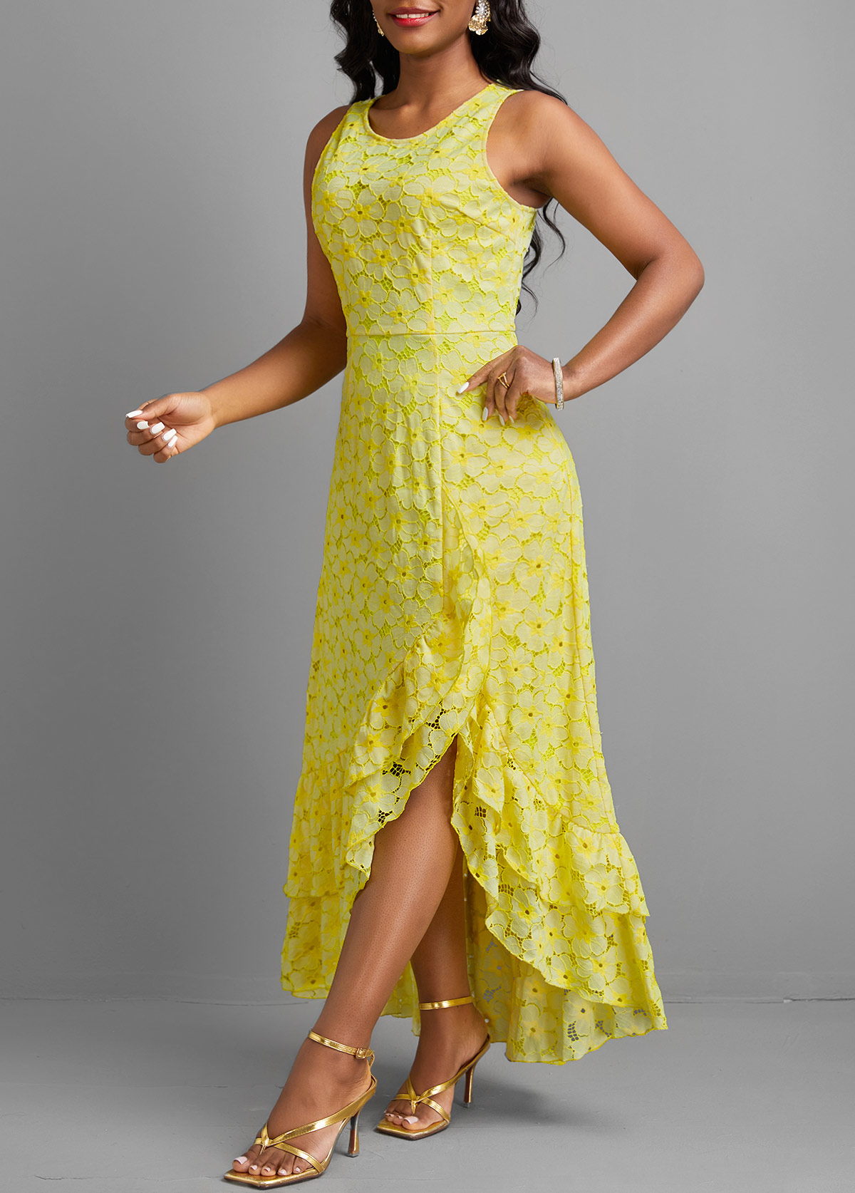 Light Yellow Ruffle A Line Sleeveless Maxi Dress