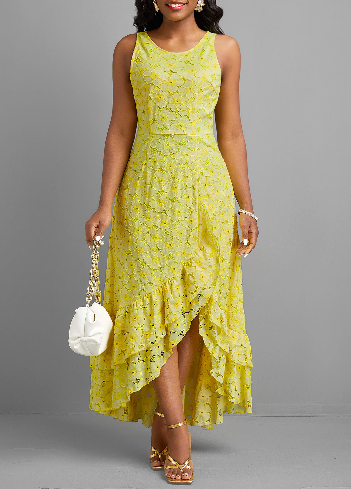 Light Yellow Ruffle A Line Sleeveless Maxi Dress