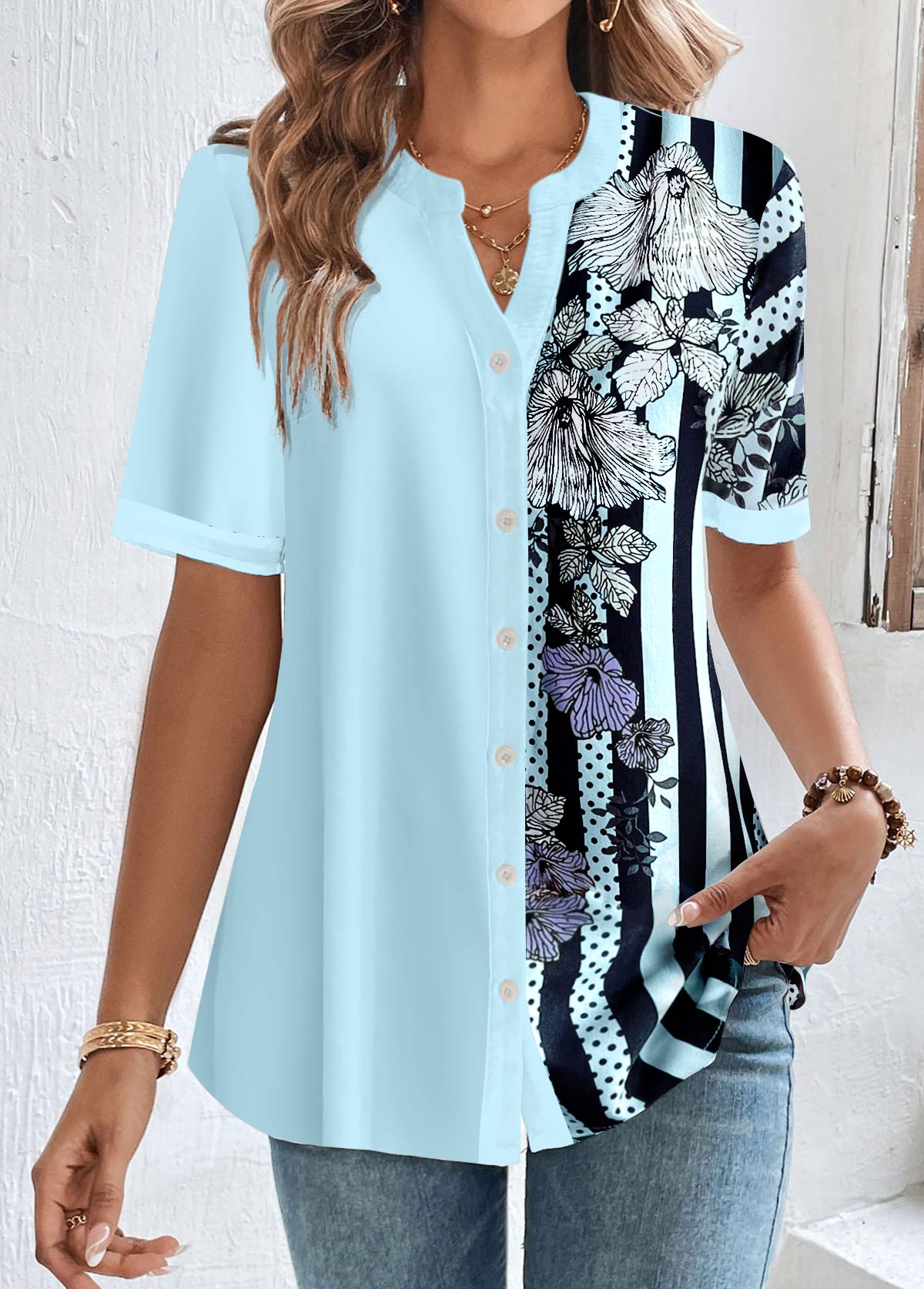 Modlily Light Blue Short Sleeve Blouse With Button Floral Print Striped Tunic Top - M