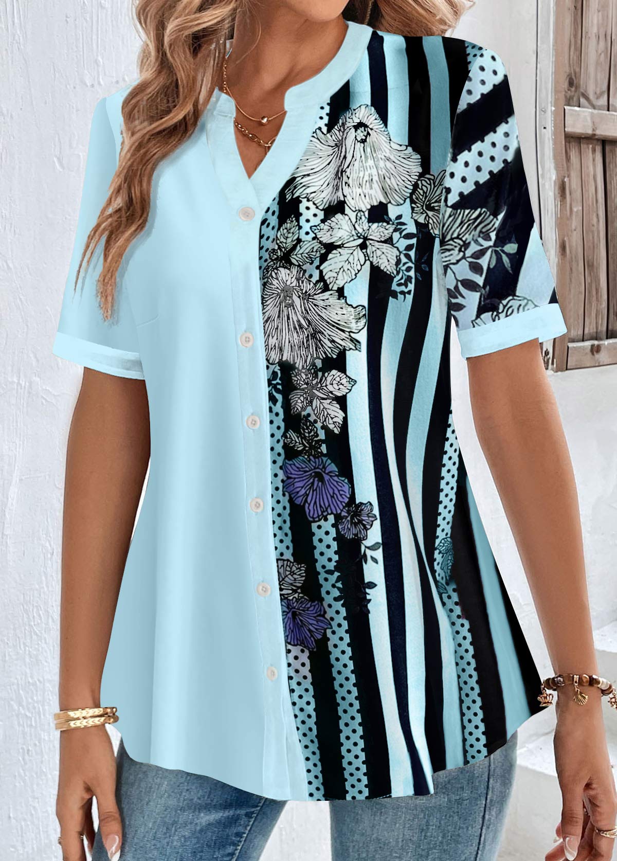 Light Blue Button Plus Size Striped Short Sleeve Shirt | picture 