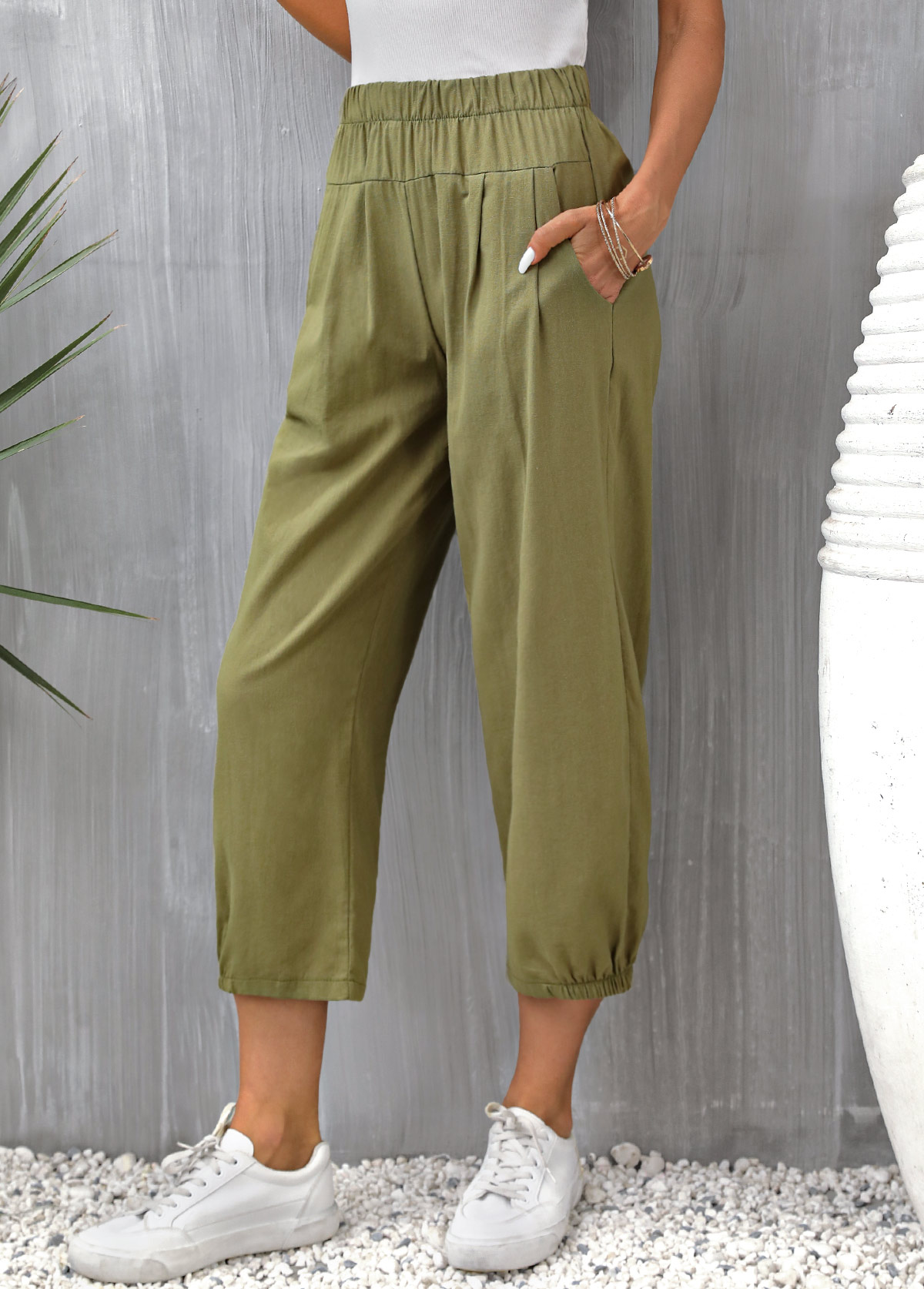 Olive Green Pocket Regular Elastic Waist Pants