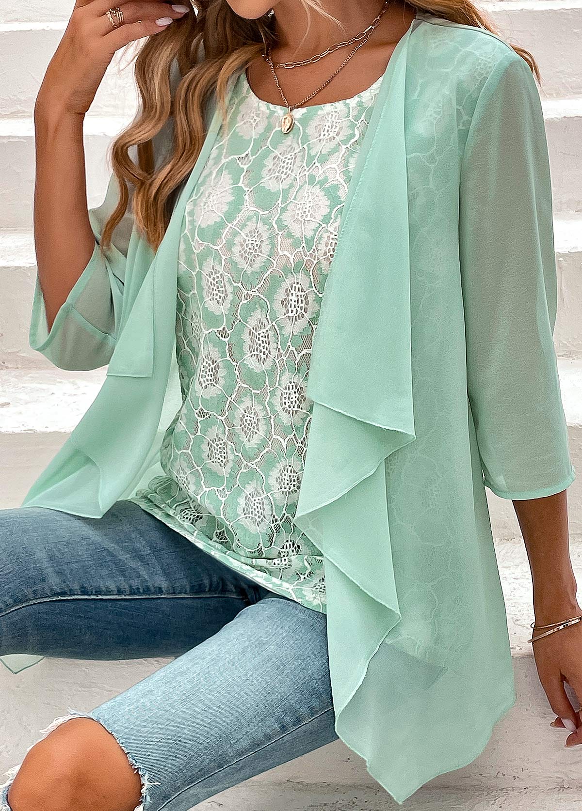 Mint Green Lace Fake 2in1 Blouse