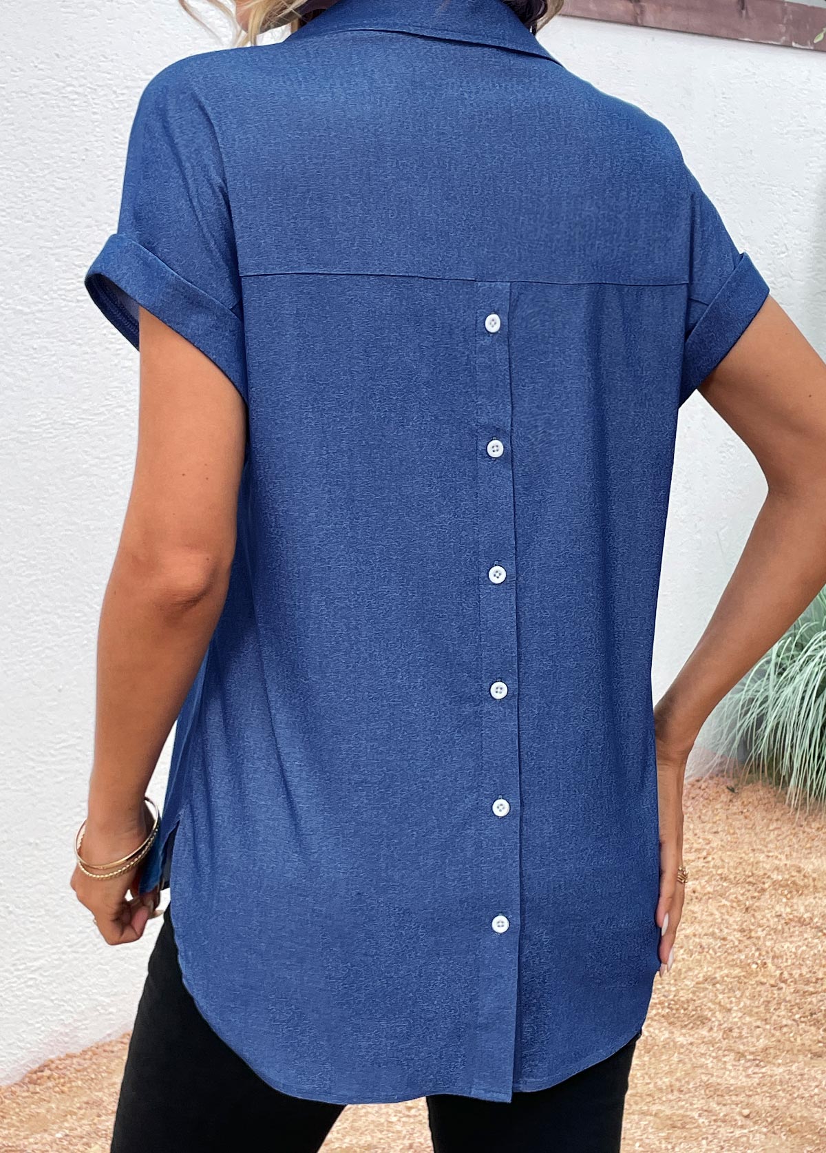 Denim Blue Button Short Sleeve Shirt Collar Blouse