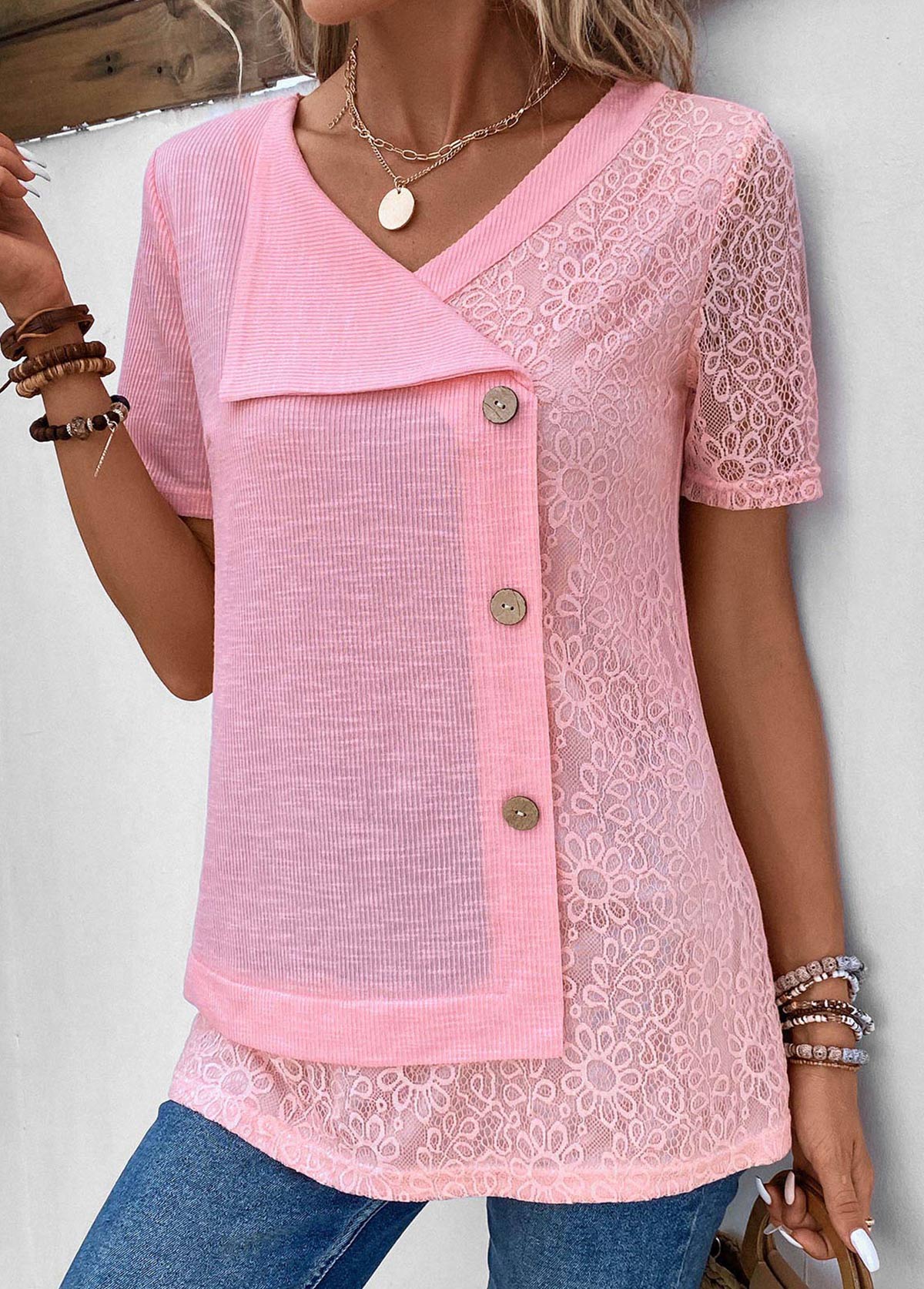 Pink Patchwork Short Sleeve V Neck Blouse