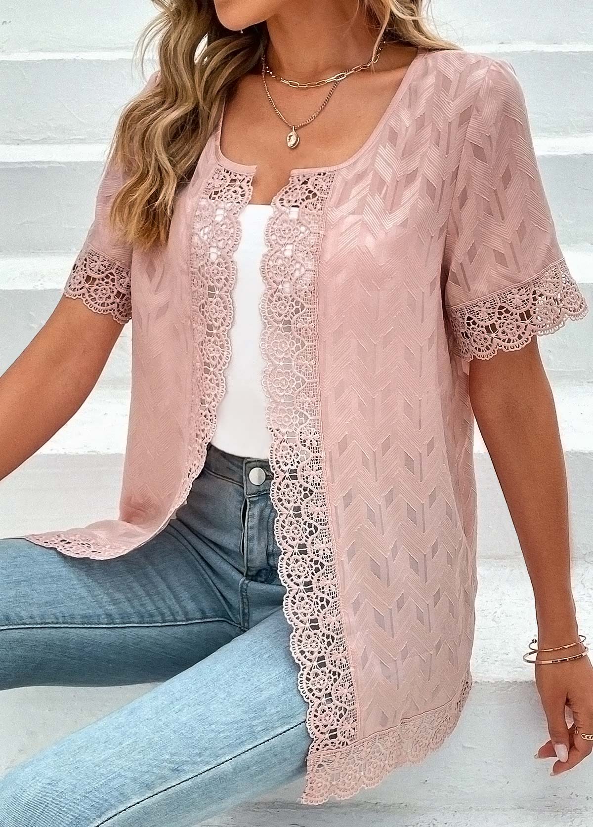 Pink Lace Short Sleeve Round Neck Topper