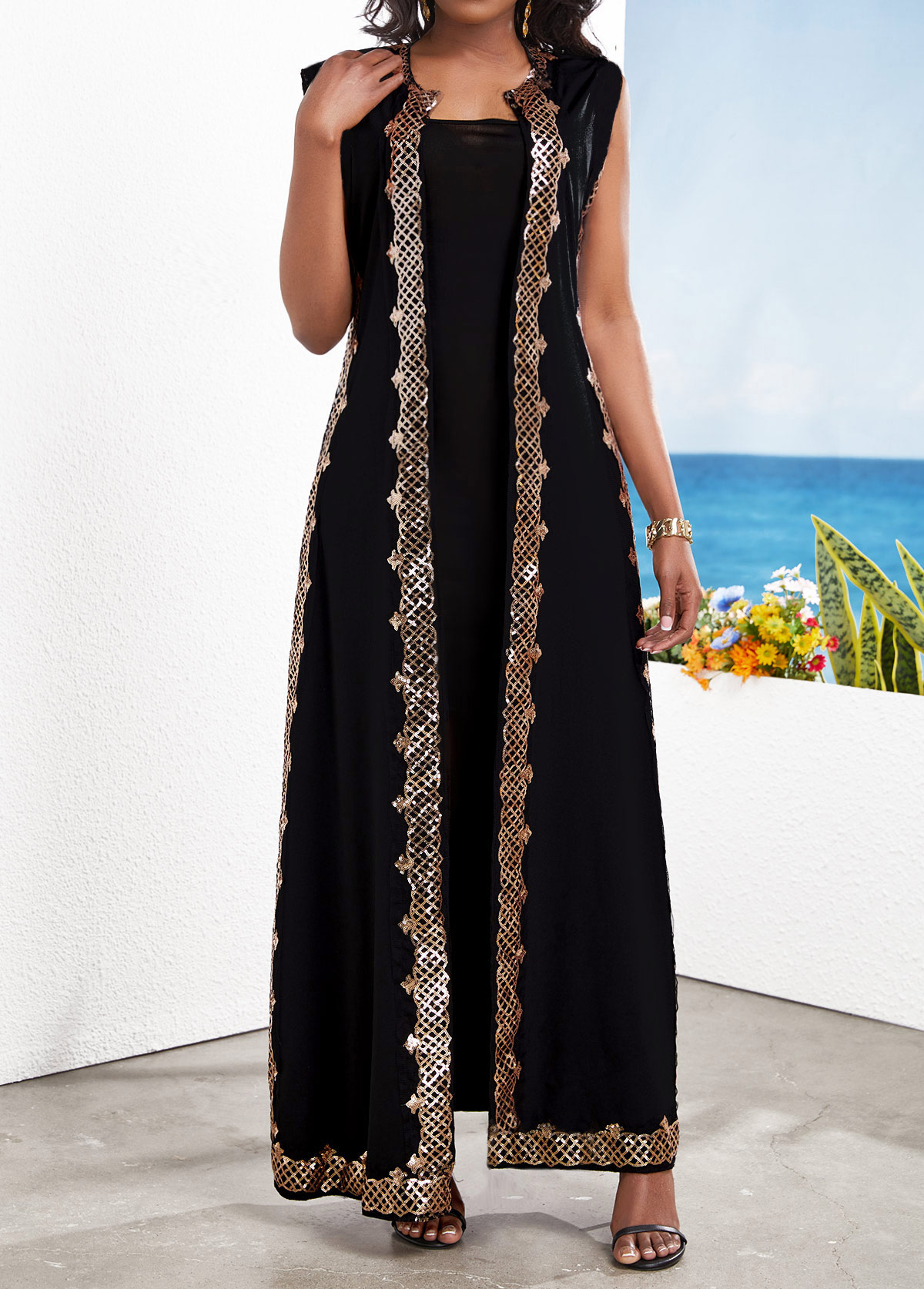 Black Sequin Two Piece Suit Sleeveless Maxi Dress and Cardigan