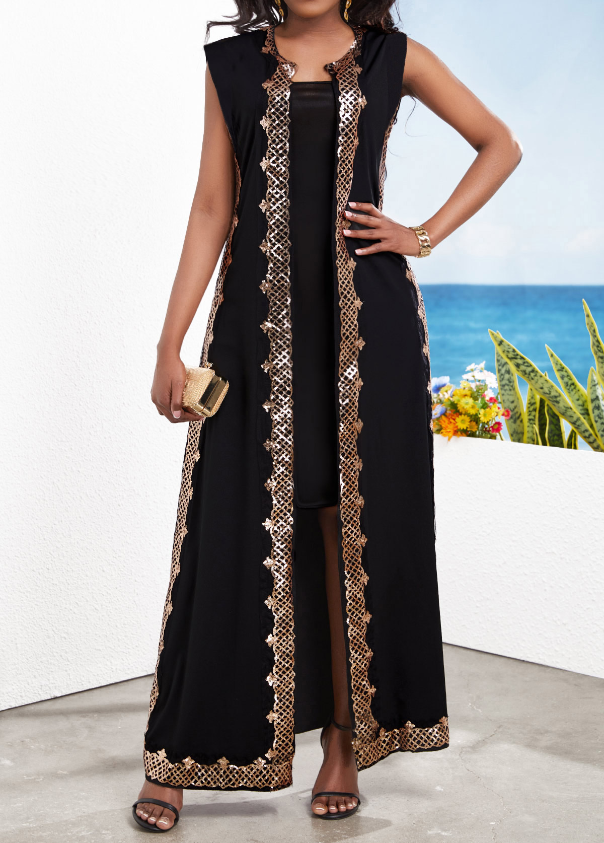 Black Sequin Two Piece Suit Sleeveless Maxi Dress and Cardigan