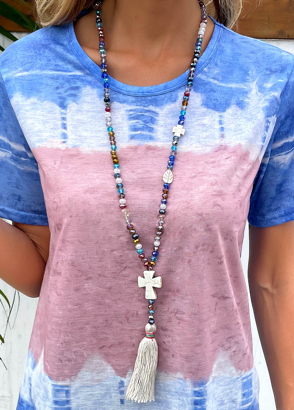 Tassel Design Multi Color Cross Necklace