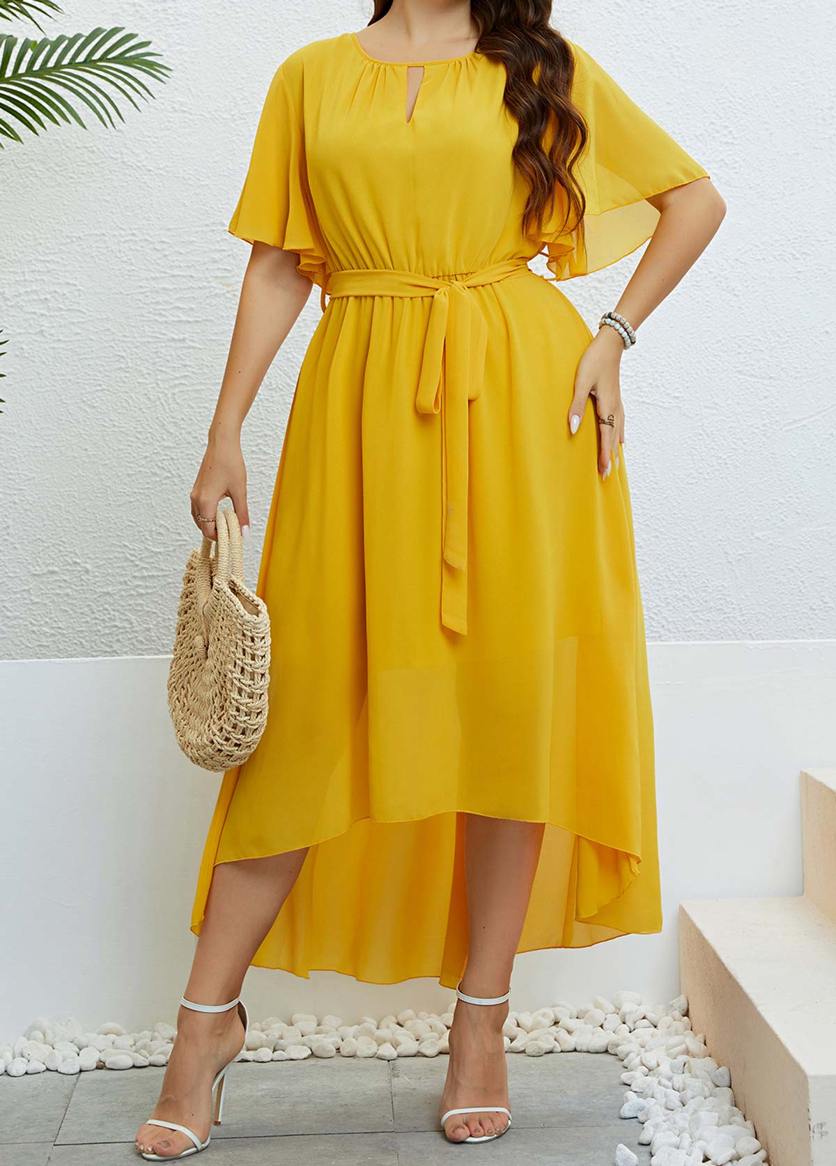 Yellow Button Plus Size Belted High Low Dress