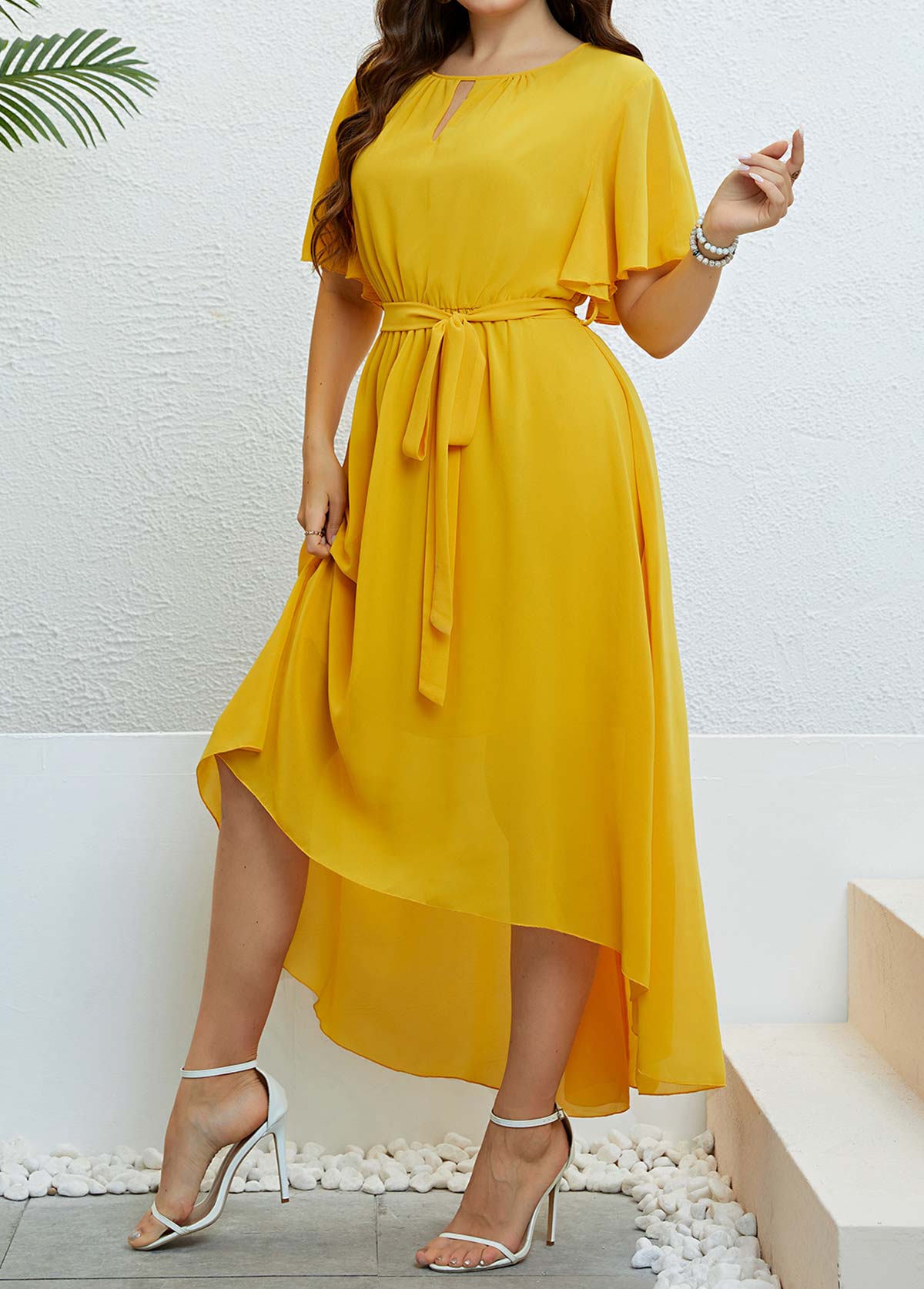 Yellow Button Plus Size Belted High Low Dress