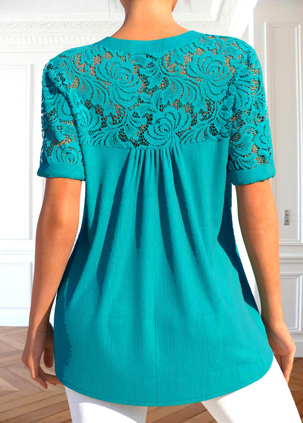 Turquoise Patchwork Short Sleeve Split Neck Blouse | modlily.com - USD ...