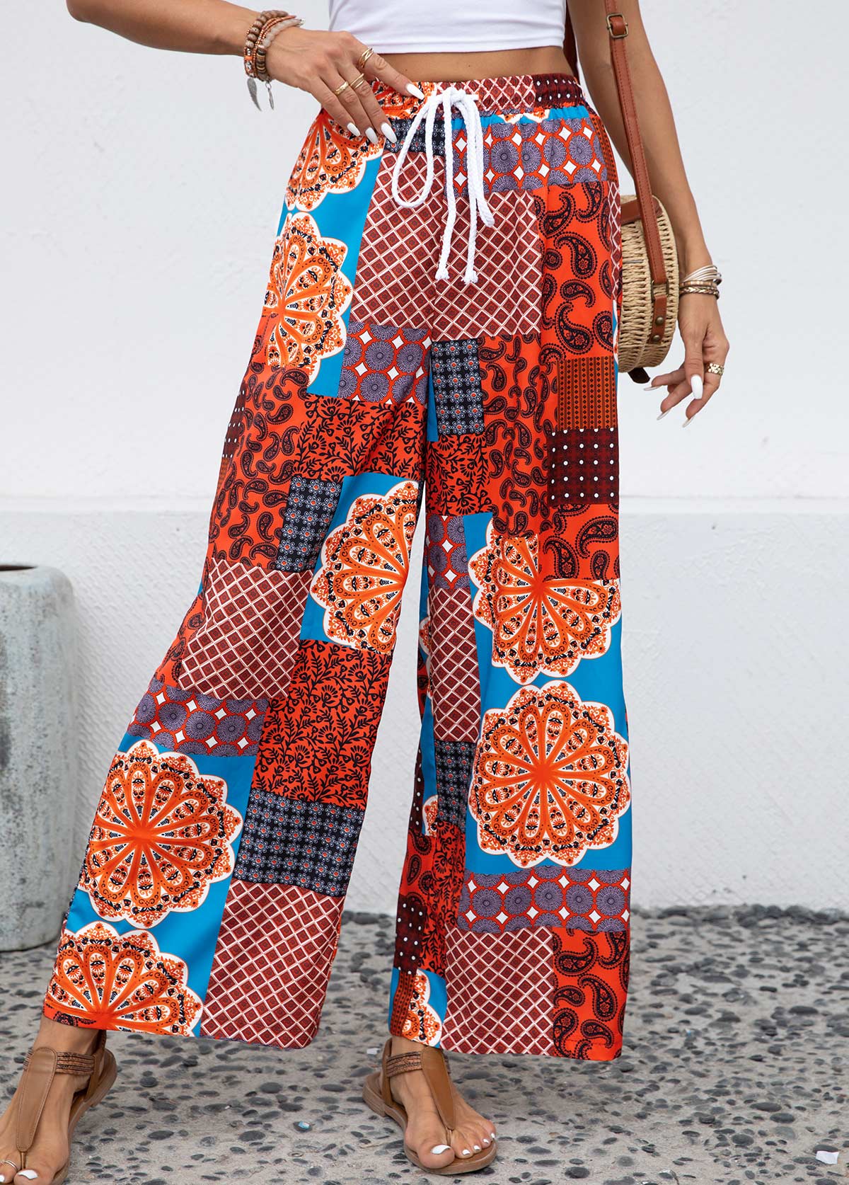 Multi Color Drawstring Tribal Print Drawastring Pants