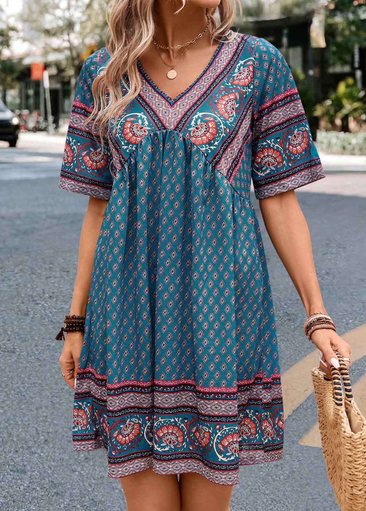 Turquoise Ruched Paisley Print A Line Dress