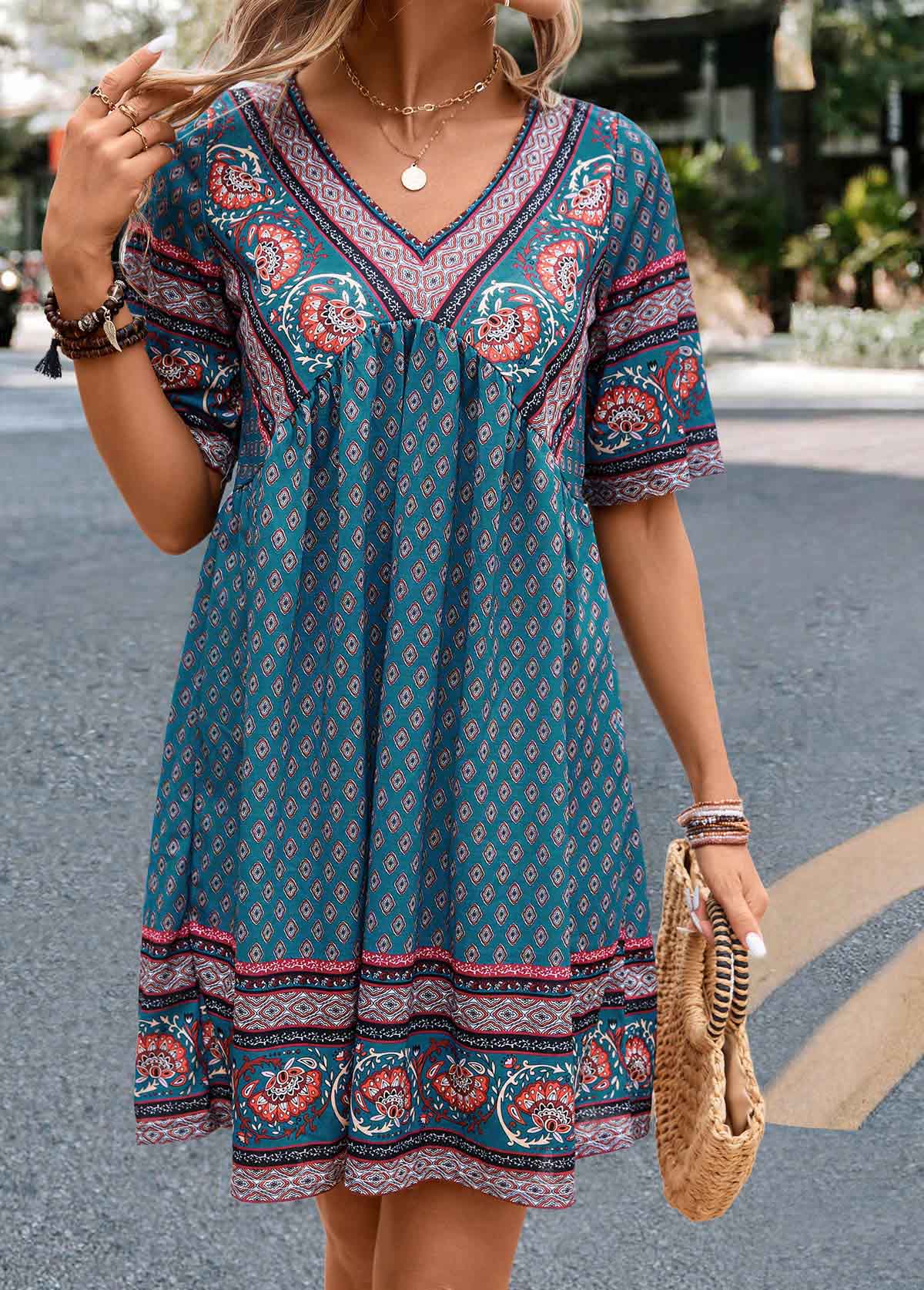 Turquoise Ruched Paisley Print A Line Dress