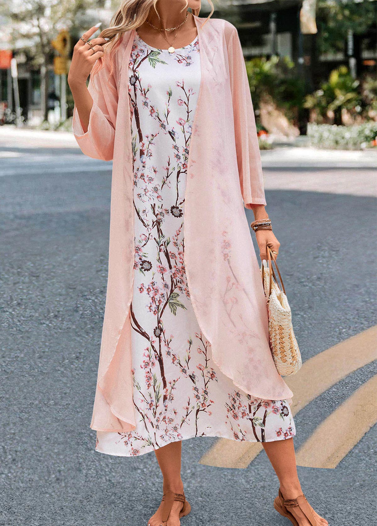 Pink Two Piece Floral Print Maxi Dress and Cardigan