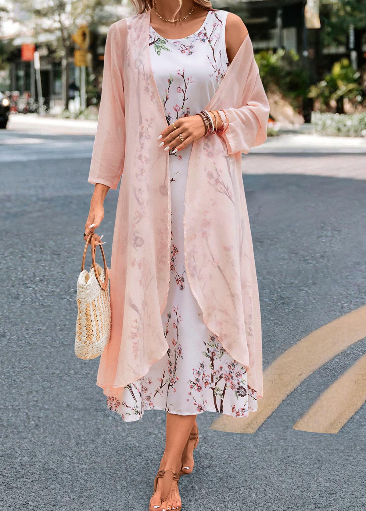 Pink Two Piece Floral Print Maxi Dress and Cardigan