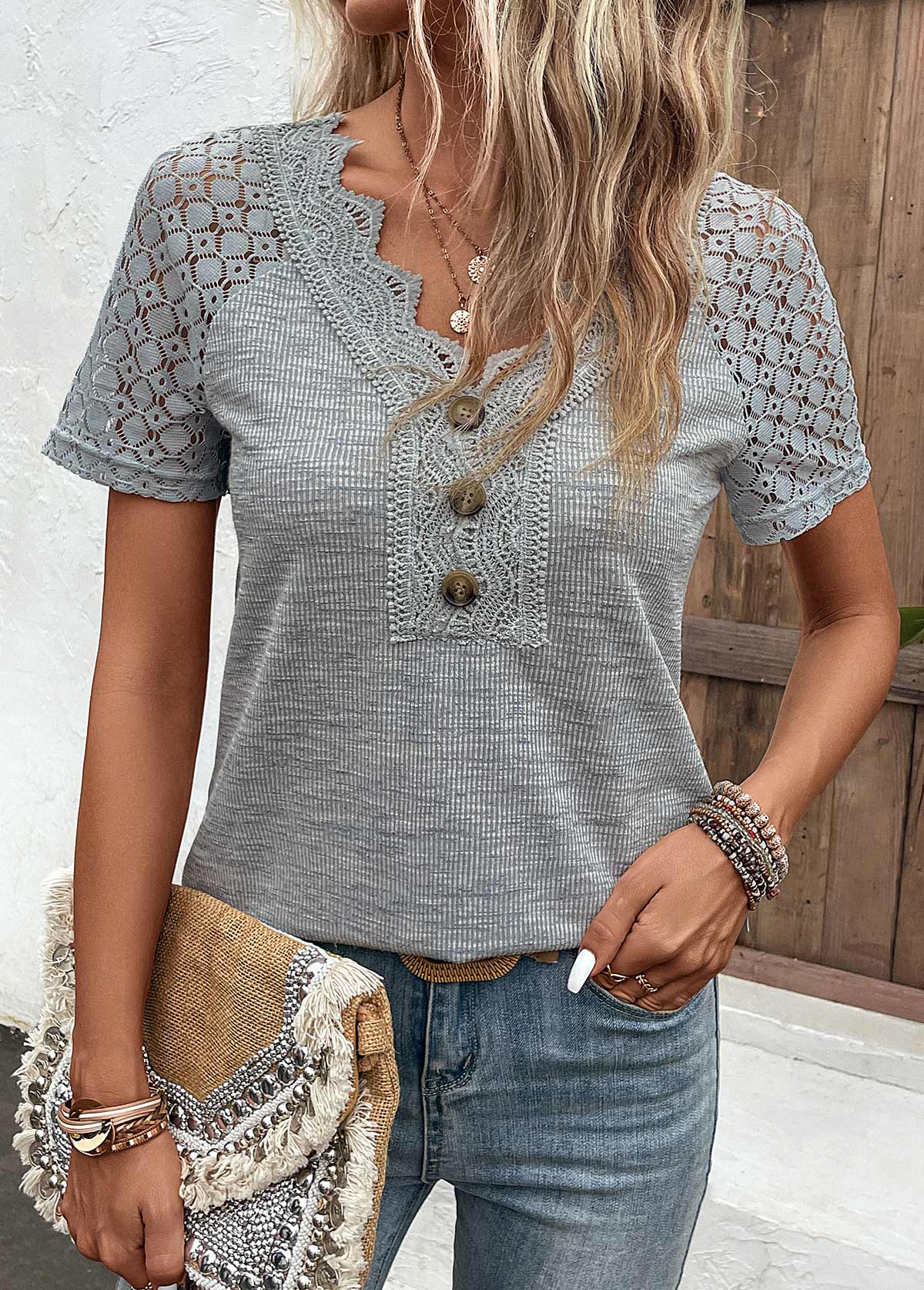 Grey Lace Plus Size Short Sleeve T Shirt