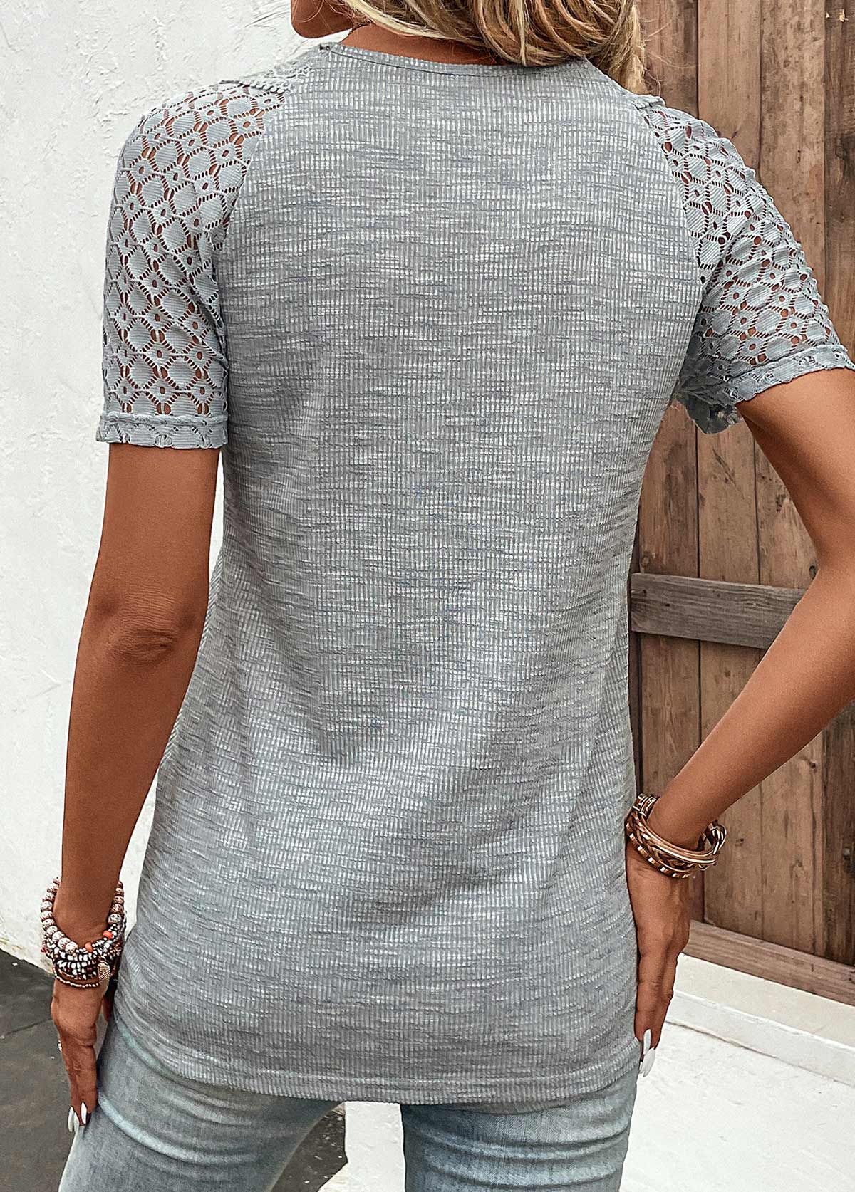 Grey Lace Short Sleeve V Neck T Shirt