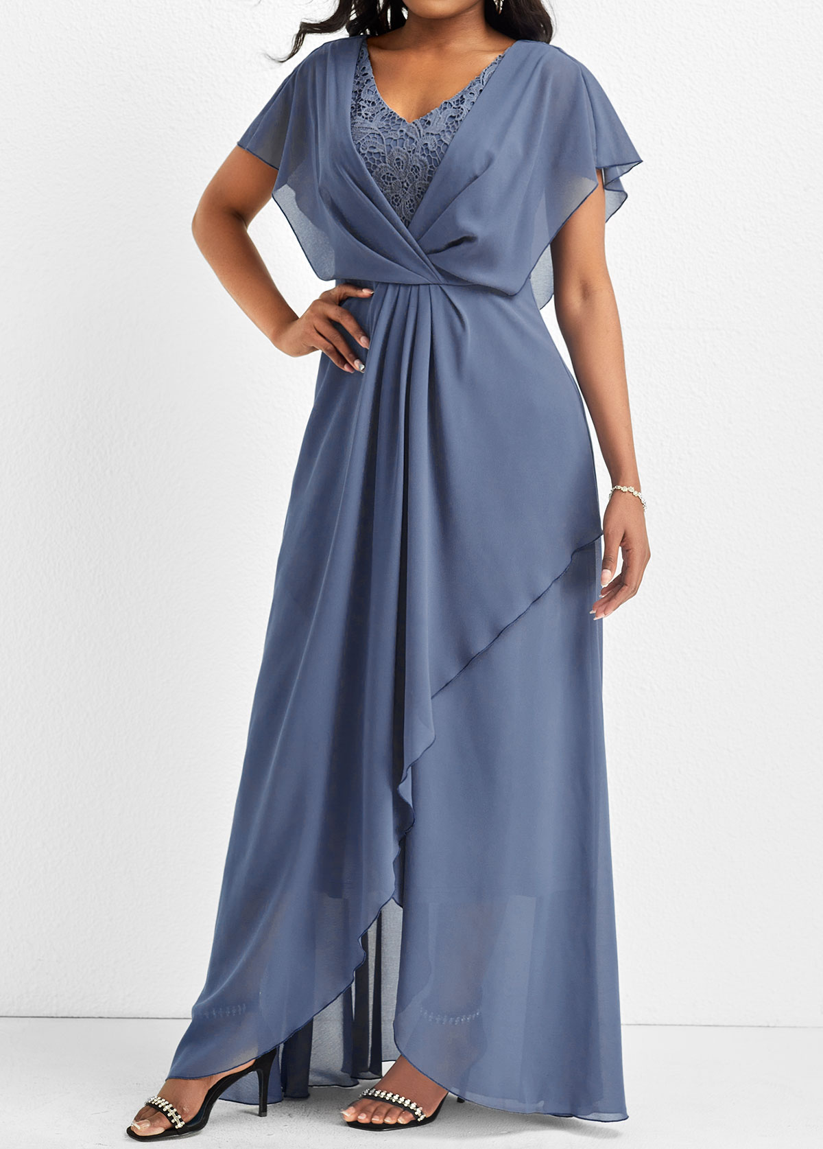 Dusty Blue Lace Short Sleeve Maxi Dress