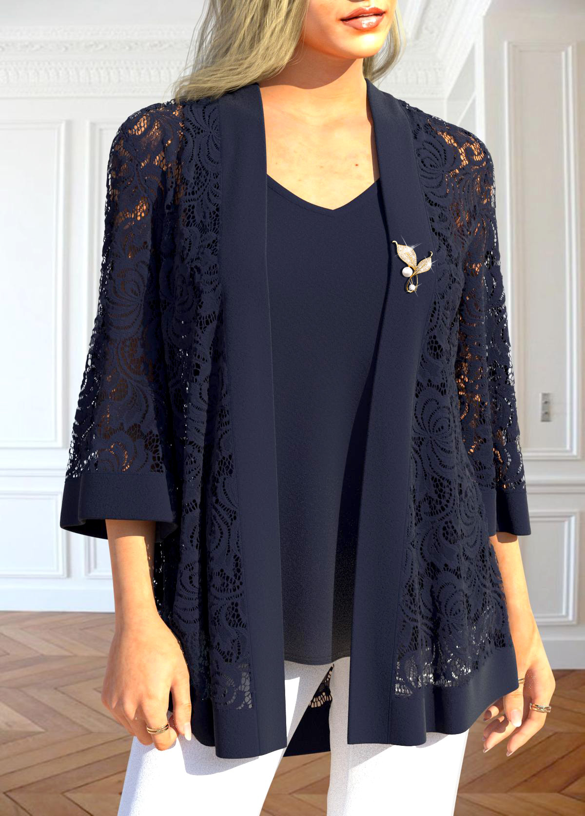 Navy Two Piece 3/4 Sleeve Cardigan and Tank Top | picture 