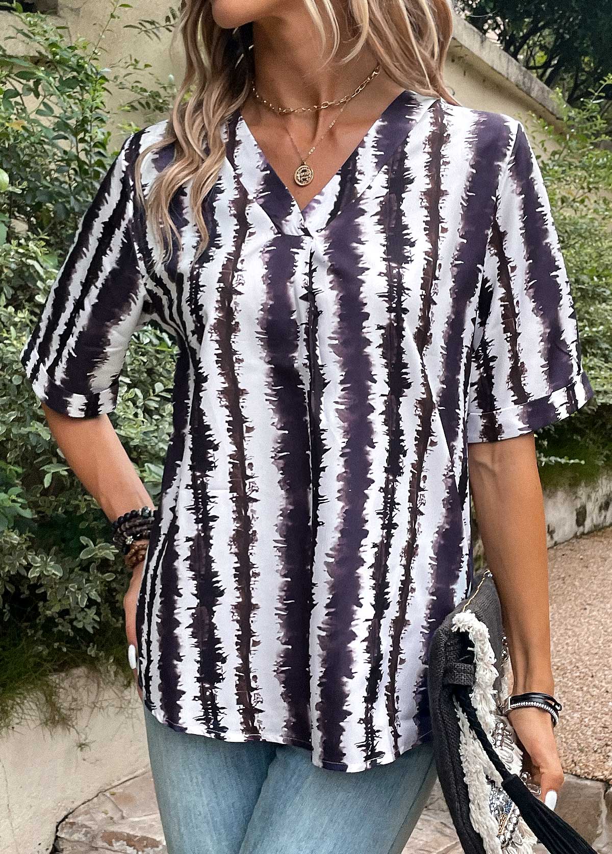 Multi Color Patchwork Striped Short Sleeve Blouse | modlily.com - USD 27.98