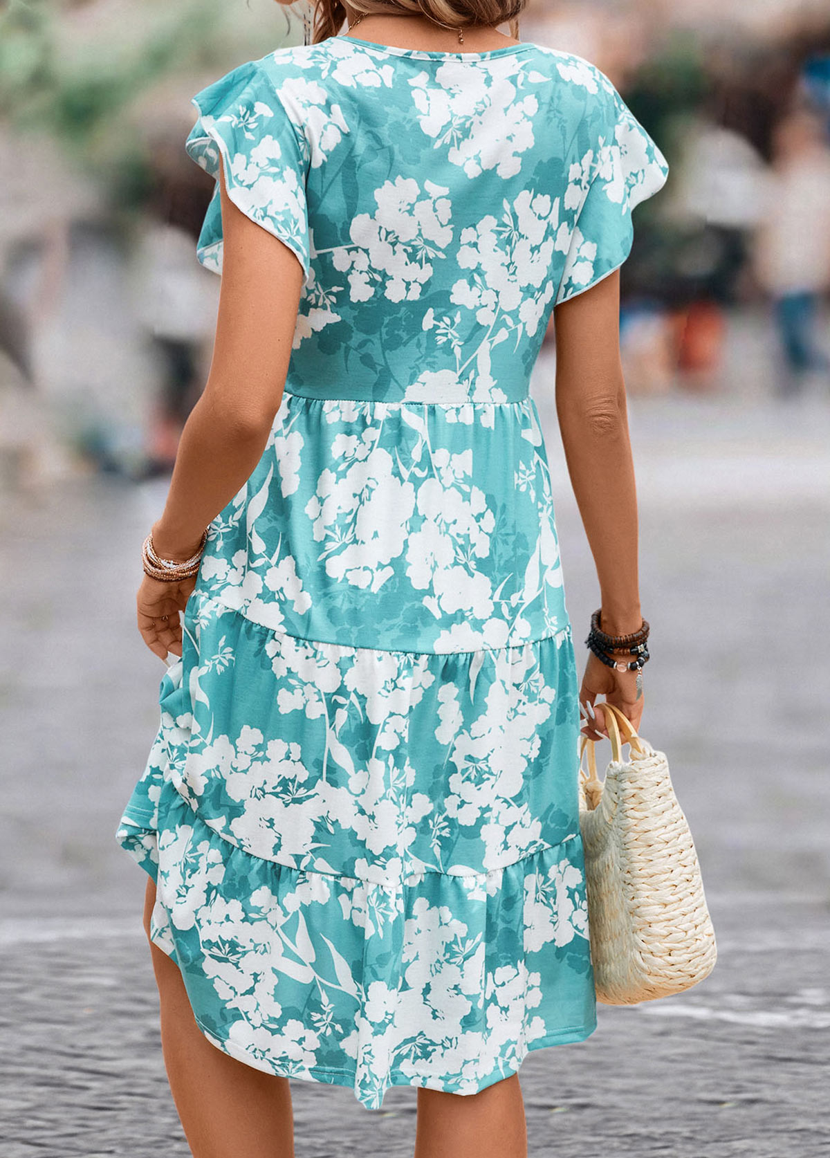 Blue Ruffle Floral Print Short Sleeve Dress
