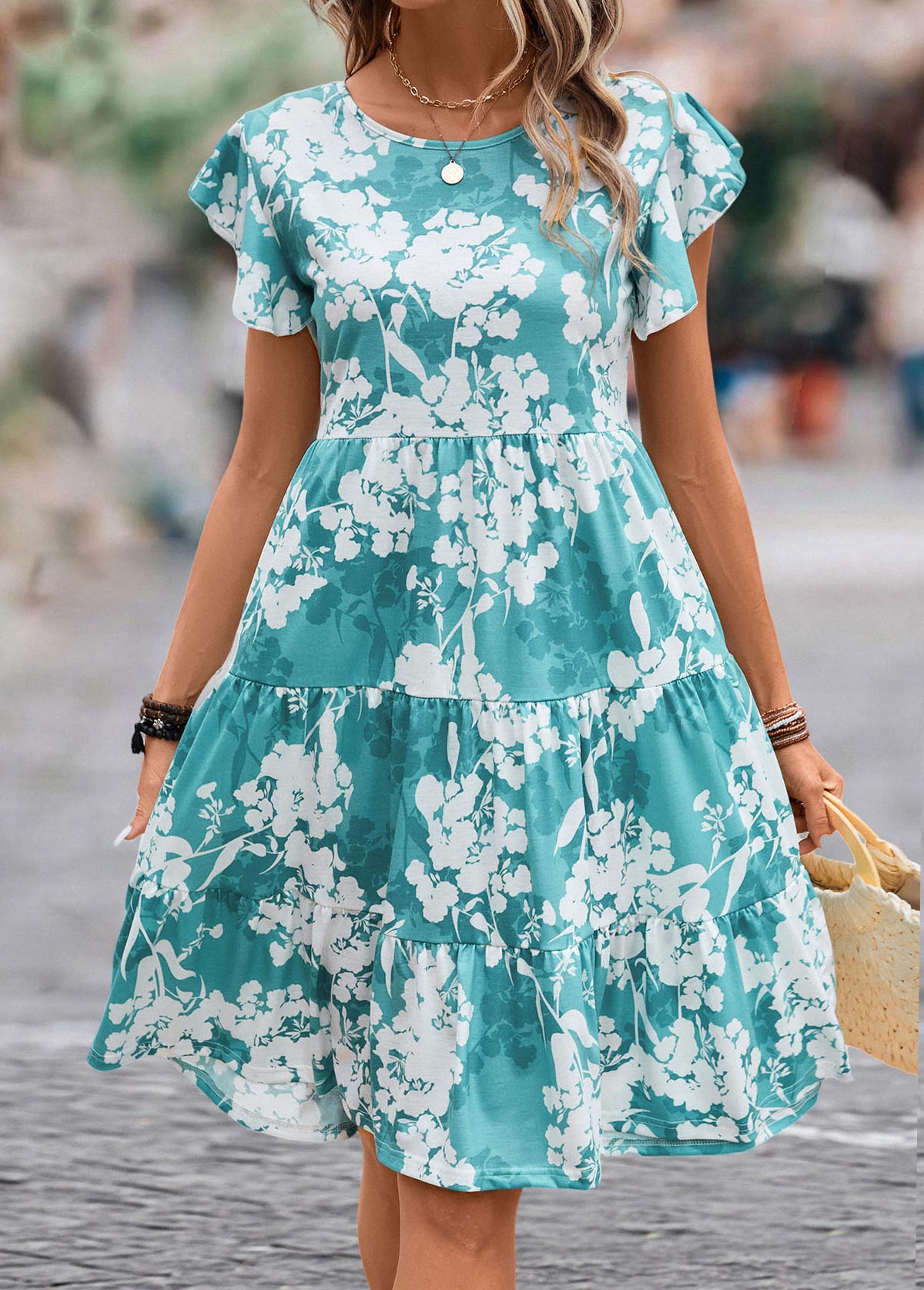 Blue Ruffle Floral Print Short Sleeve Dress
