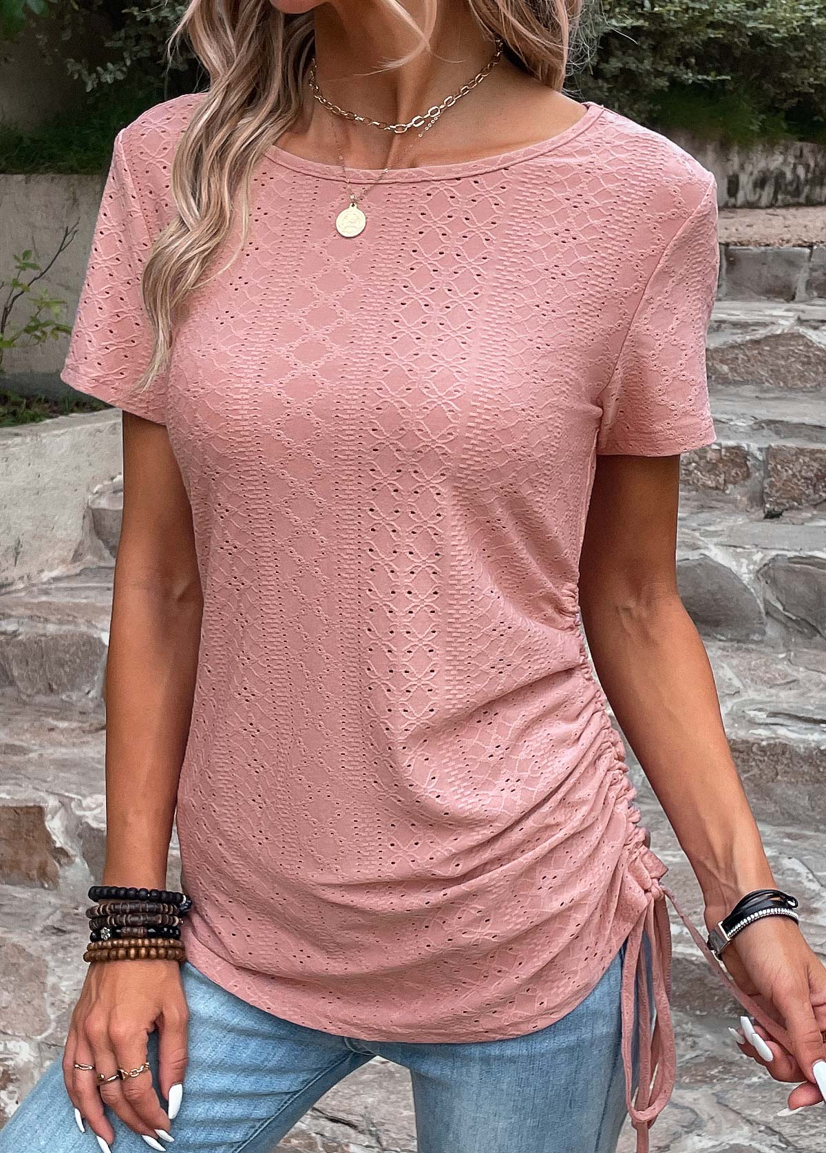 Pink Drawstring Short Sleeve Round Neck T Shirt