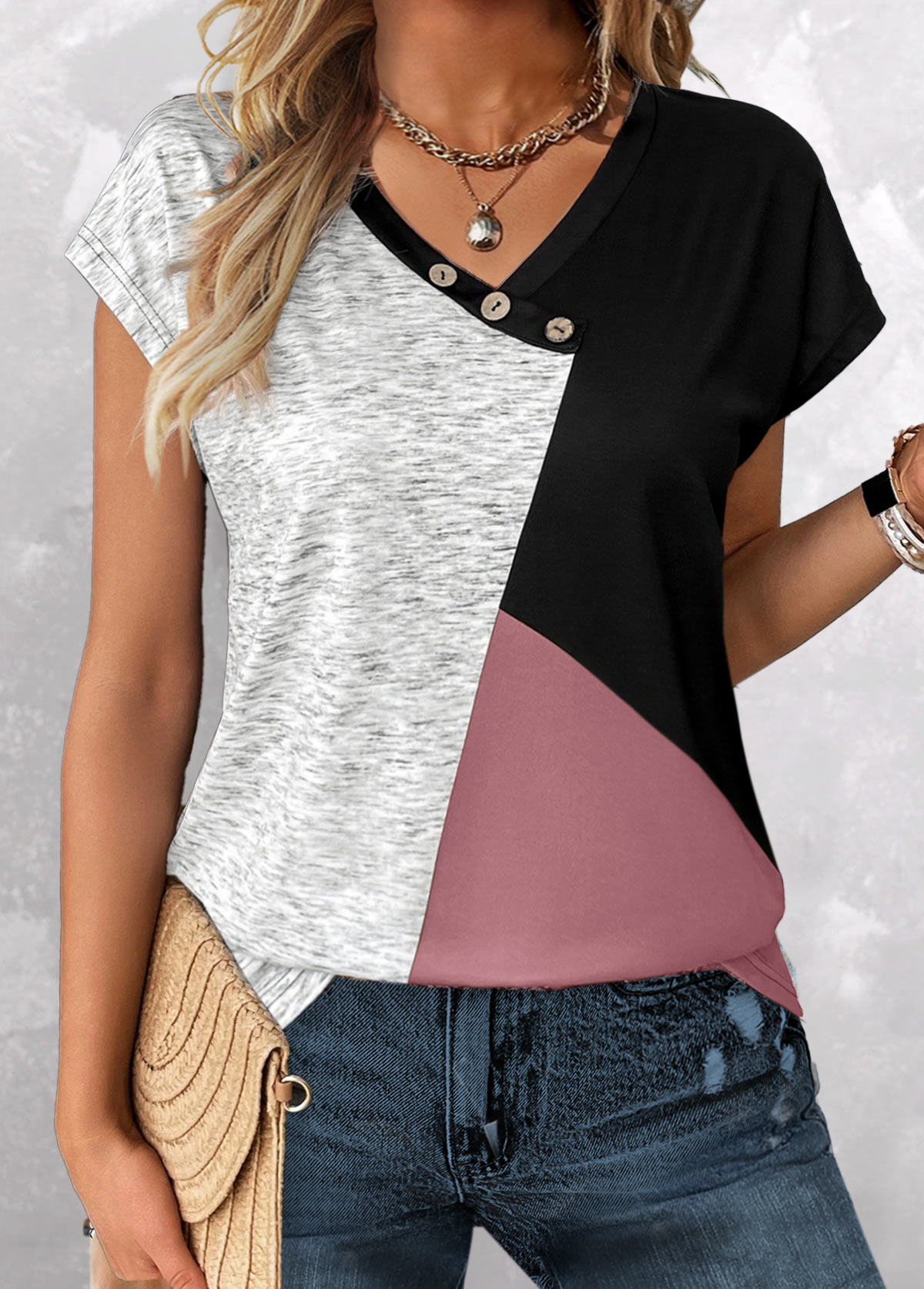 Pink Patchwork Short Sleeve V Neck T Shirt | picture 